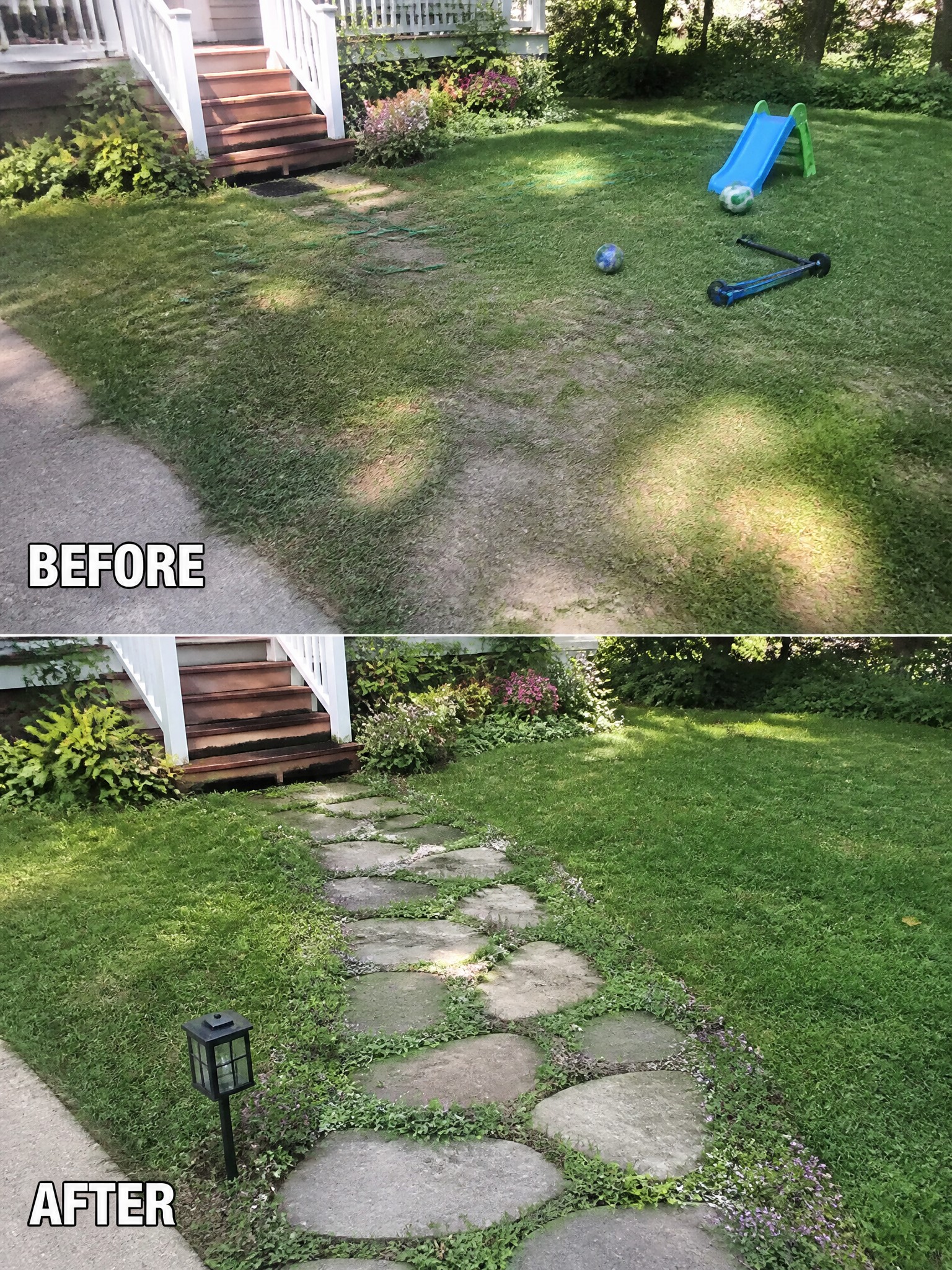 Before-and-after image of a patchy backyard lawn changed by adding a winding stone paver path with planted edges.