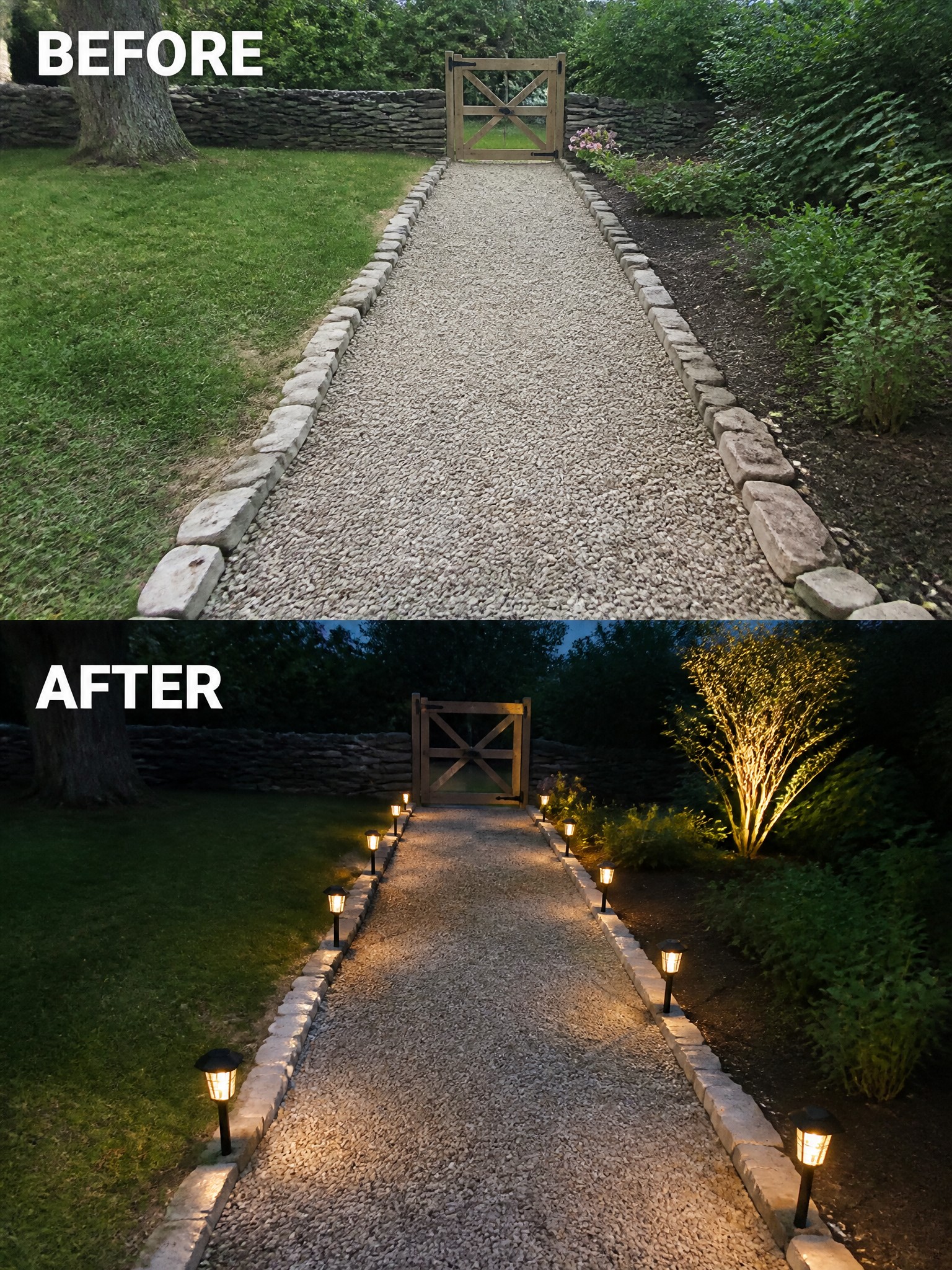 Before and after of gravel path to gate with added landscape lighting at dusk