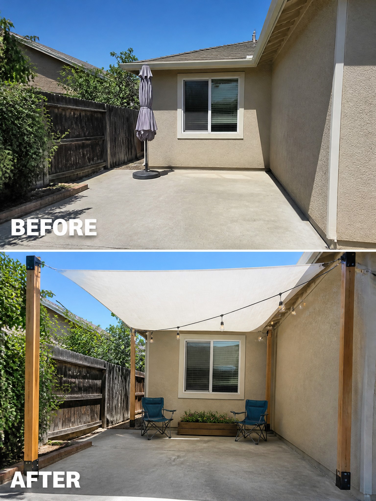 Before and after patio with shade sail, string lights, chairs and planter box