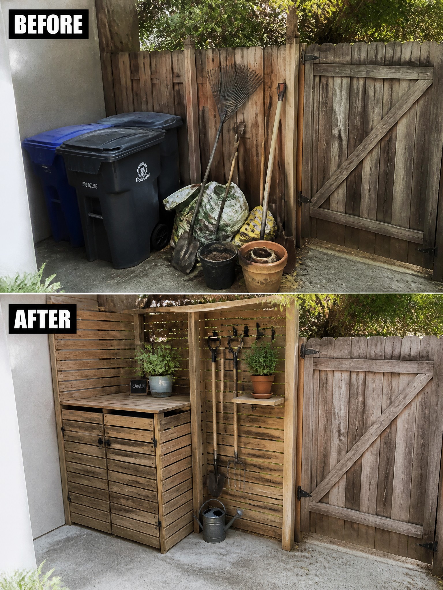 Before-and-after backyard corner: cluttered bins and tools transformed into organized wooden storage and racks.