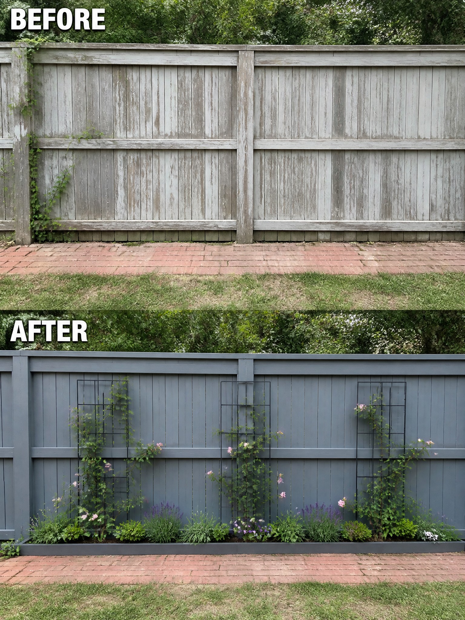 Before and after of weathered fence repainted dark gray with trellises and flowers