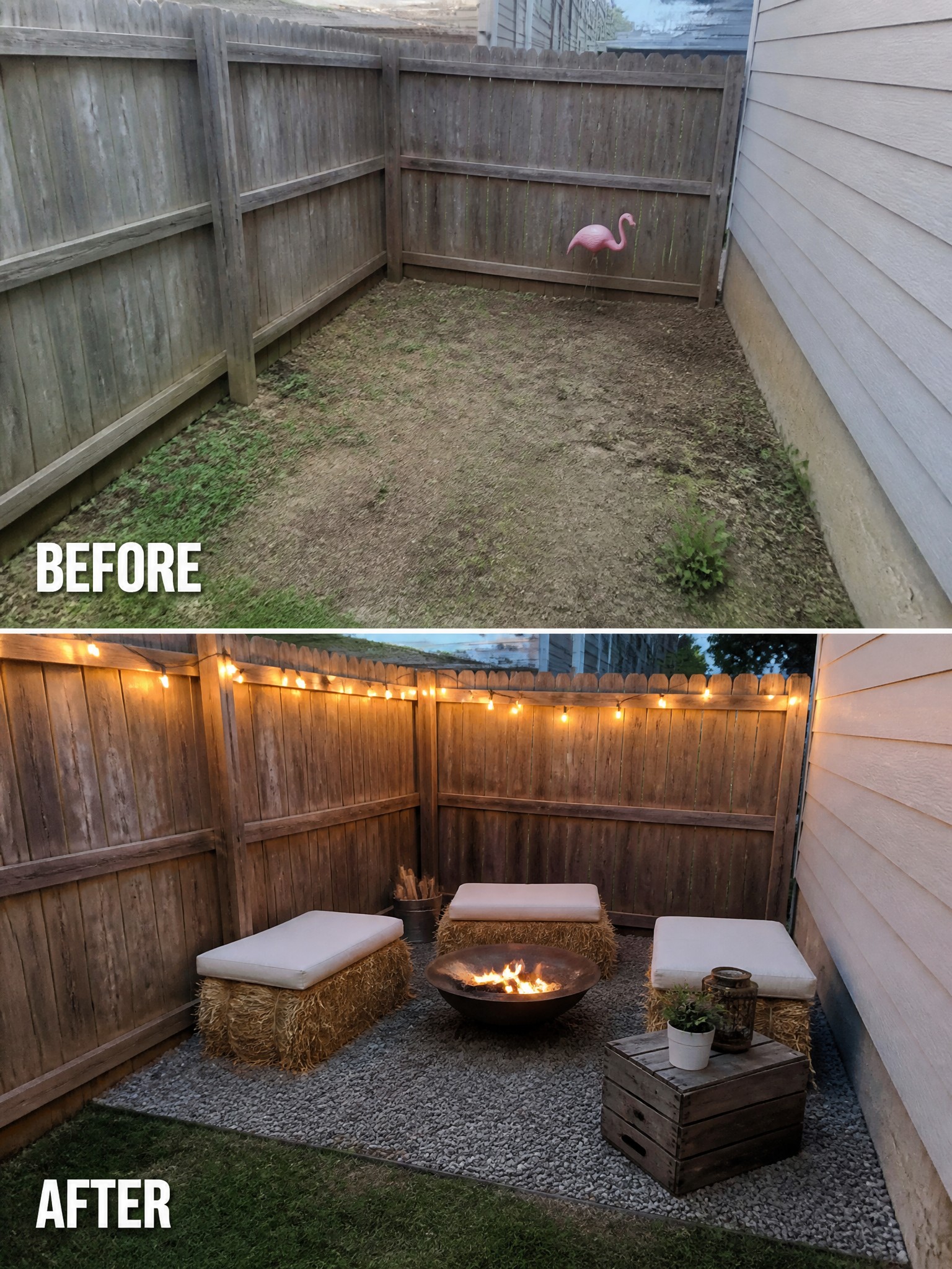 Before and after backyard with fire pit, hay bale seats, string lights, and gravel.