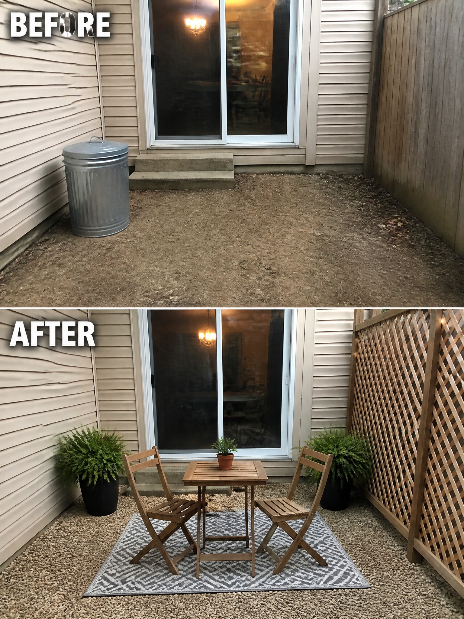 Before and after patio makeover with gravel, rug, table, chairs, and plants.