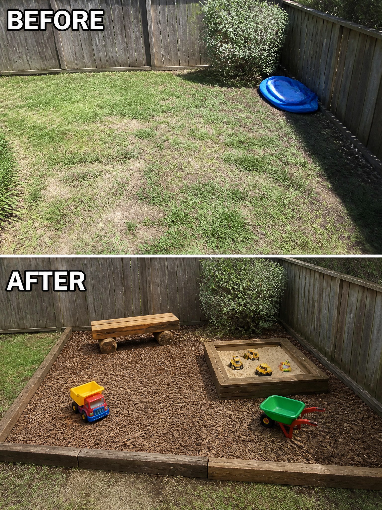 Before-and-after image of a bare backyard changed into a mulched play area with a sandbox, bench, and toys.