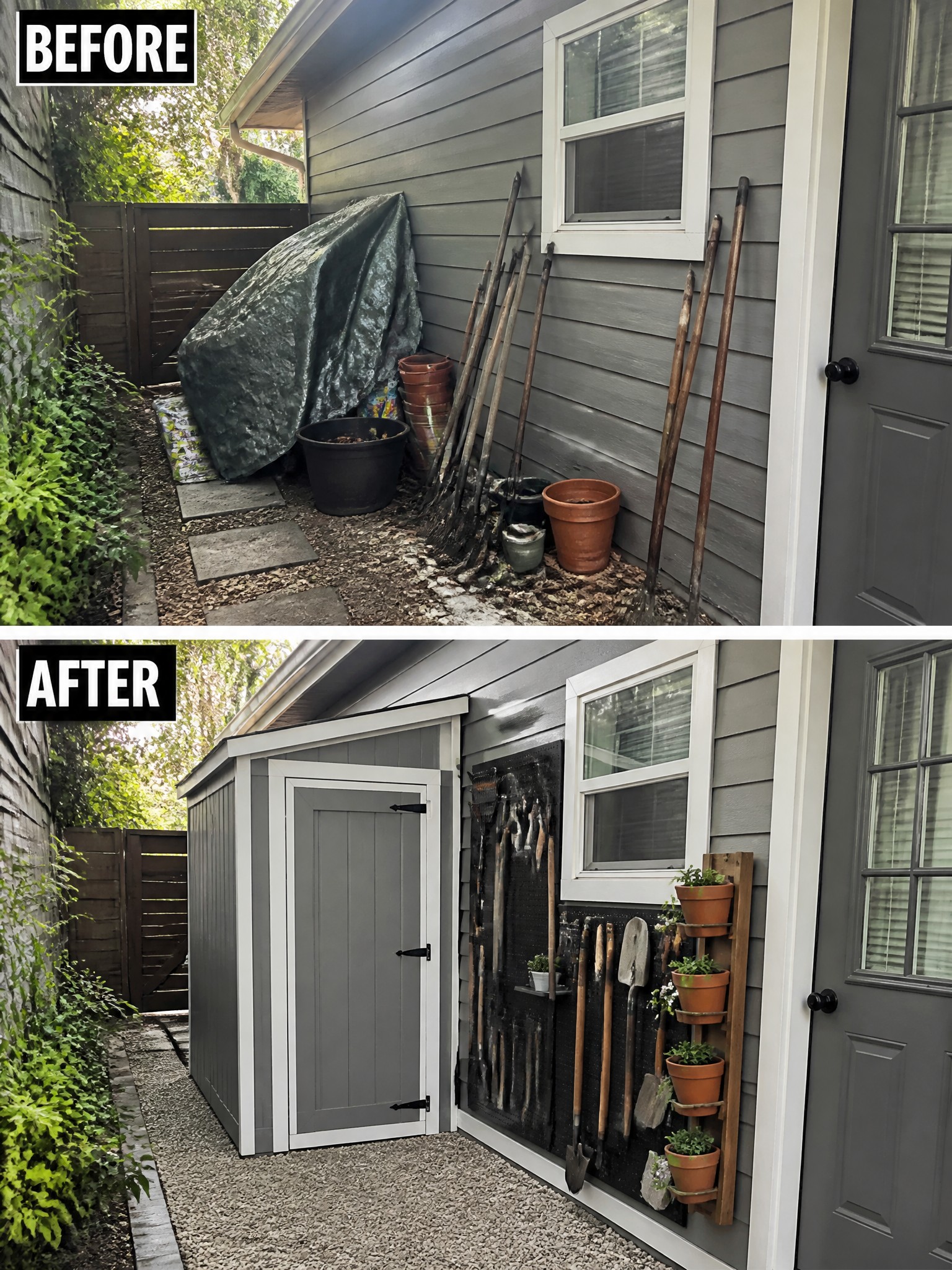 Before-and-after image of a cluttered side yard next to a house changed by adding a storage shed and a pegboard for organized tools.