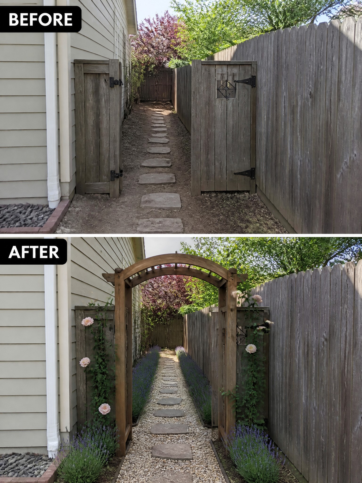 Before and after of a garden path upgraded with wooden arch, roses, and lavender.