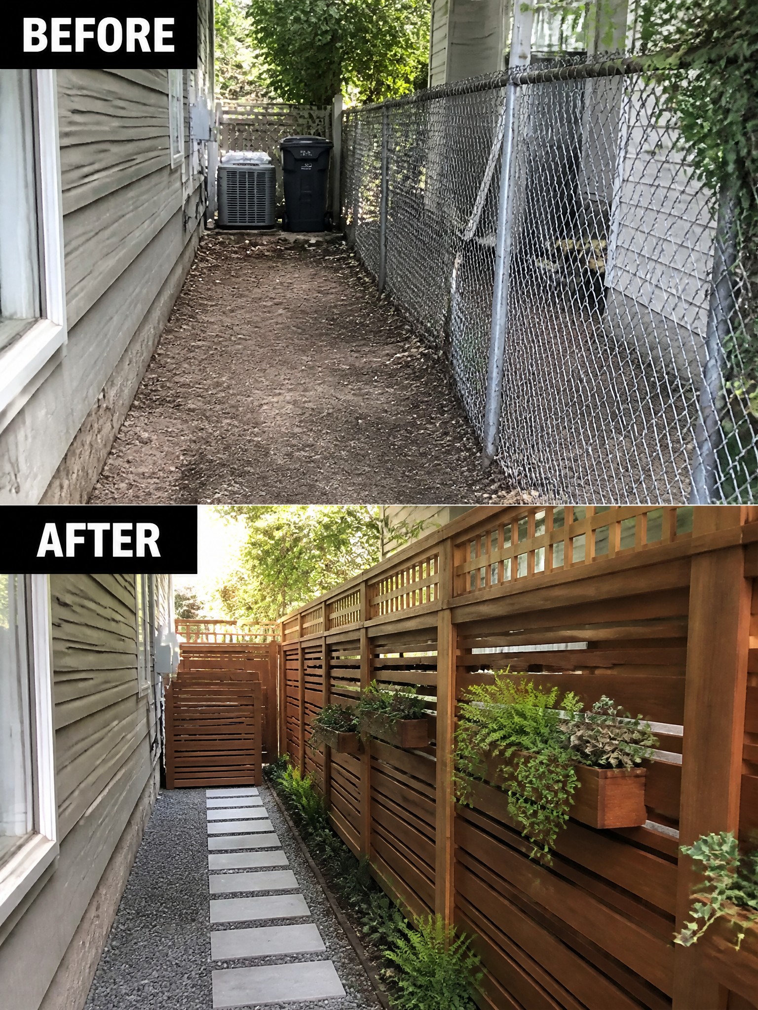 Before and after of alley from chain-link fence and dirt to wooden fence with stone path