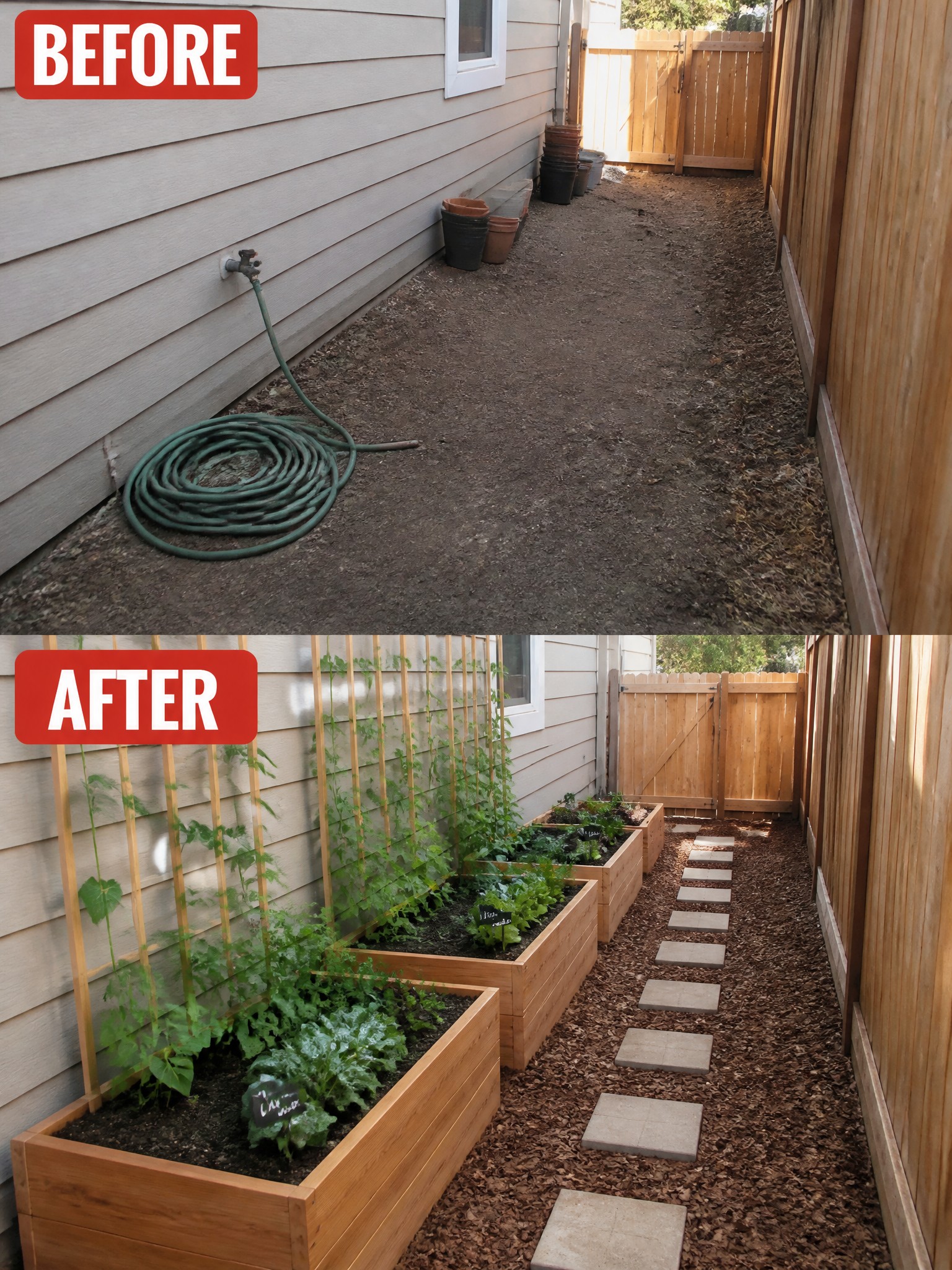 Before messy side yard and after with raised garden beds and stone path