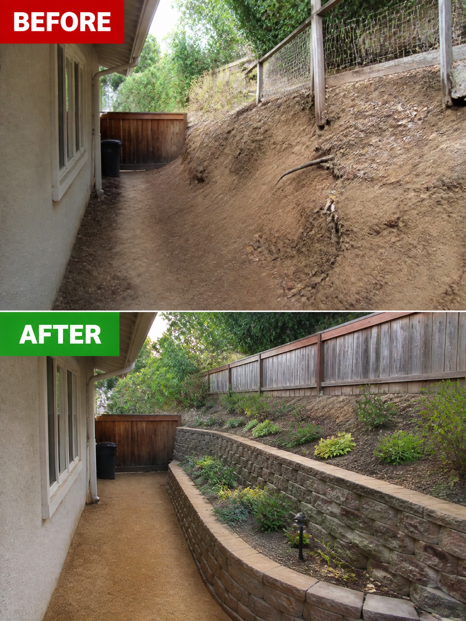 Before and after of sloped yard with stone retaining walls and added plants