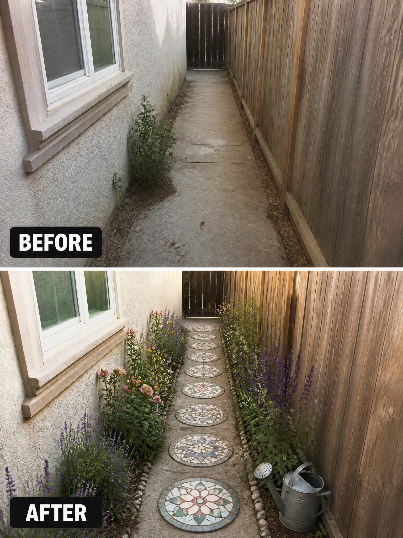 Before-and-after image of a plain concrete side yard path transformed with flower beds, decorative stepping stones, and gravel edging.