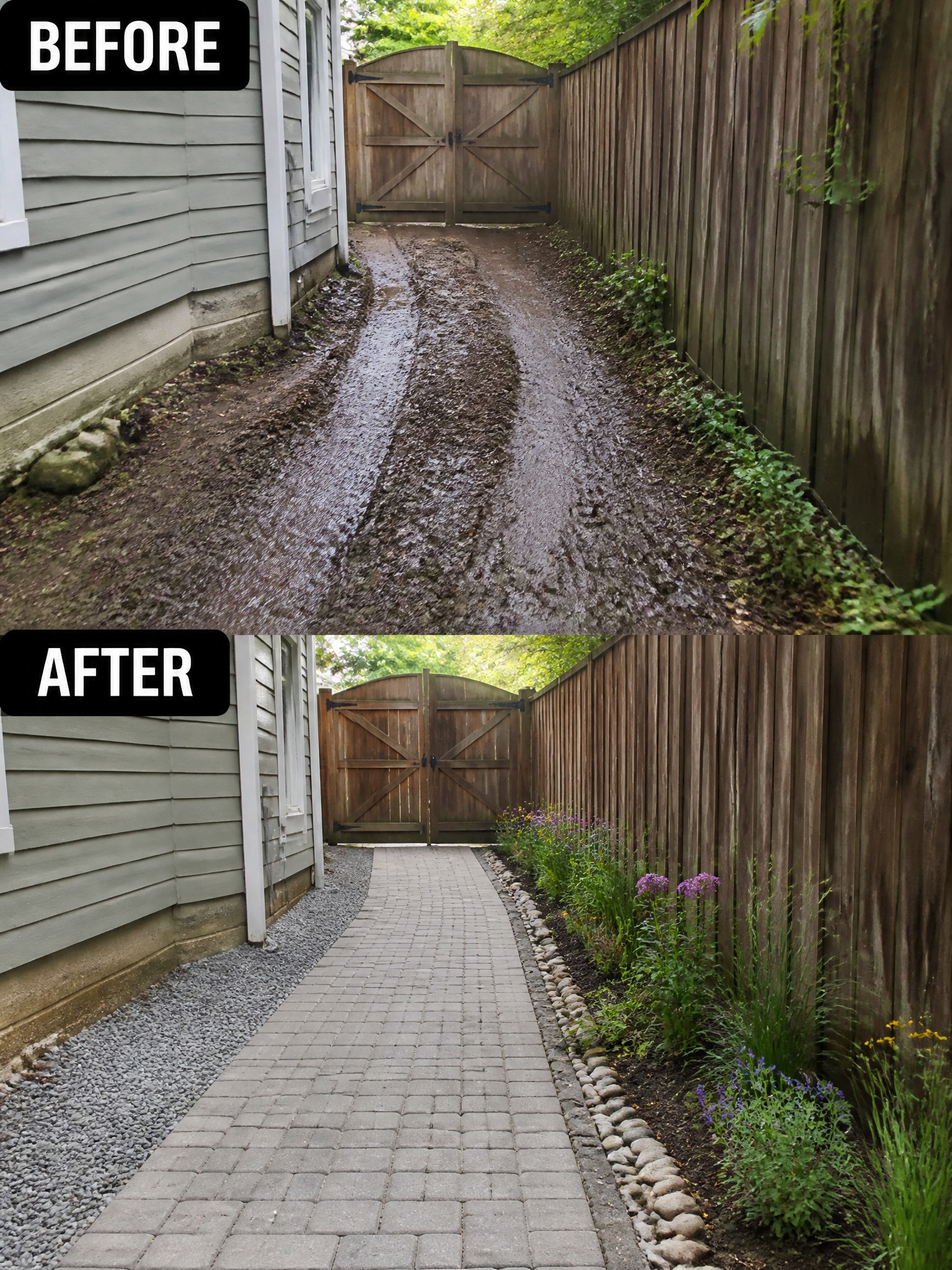 Before muddy path and after brick walkway with flower beds between house and fence.
