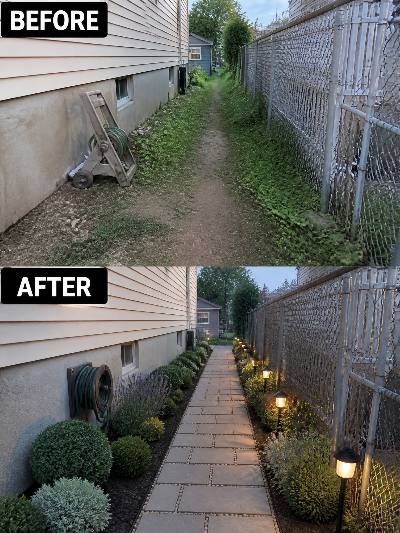 Before and after of overgrown dirt path transformed into landscaped stone walkway with lights.