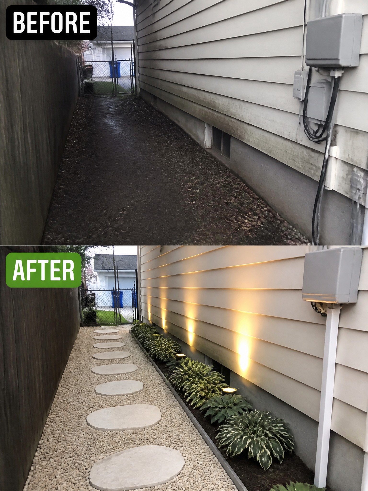 Before and after of muddy path transformed into gravel walkway with stepping stones and lights