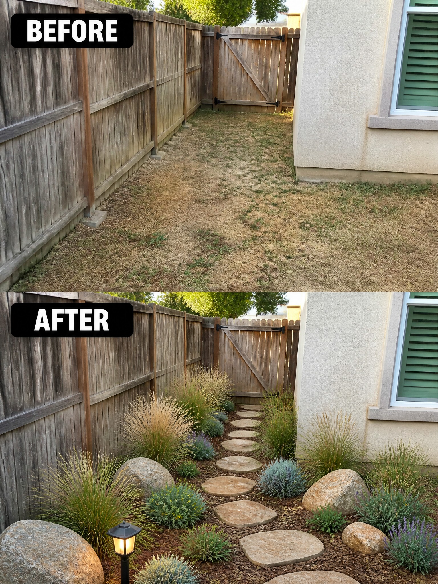 Before-and-after backyard: dry grass path transformed into stone walkway with plants and rocks.