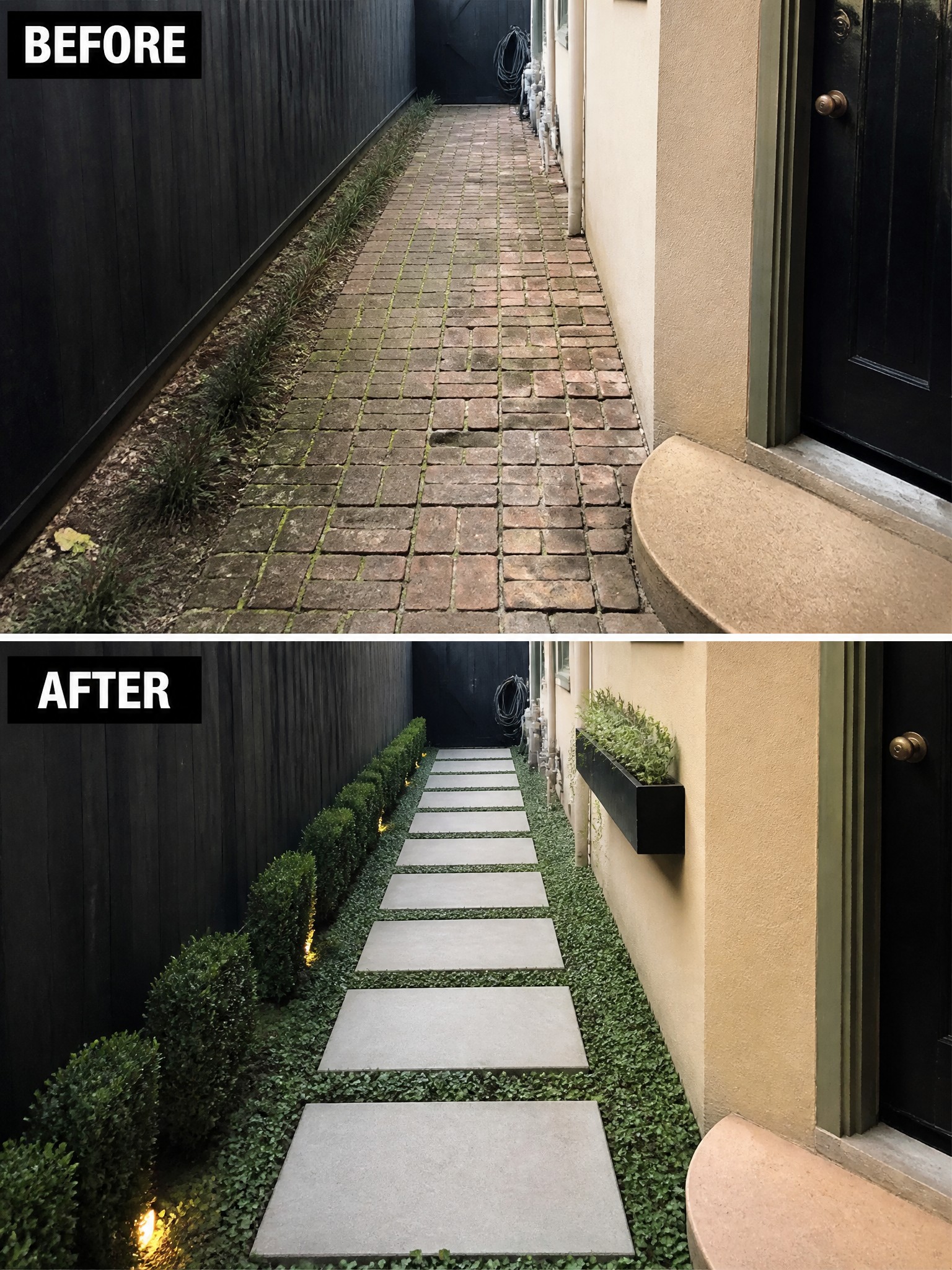 Before-and-after image of a narrow side yard showing an old brick path replaced by concrete pavers set in ground cover, with added shrubs and lighting along the edges.