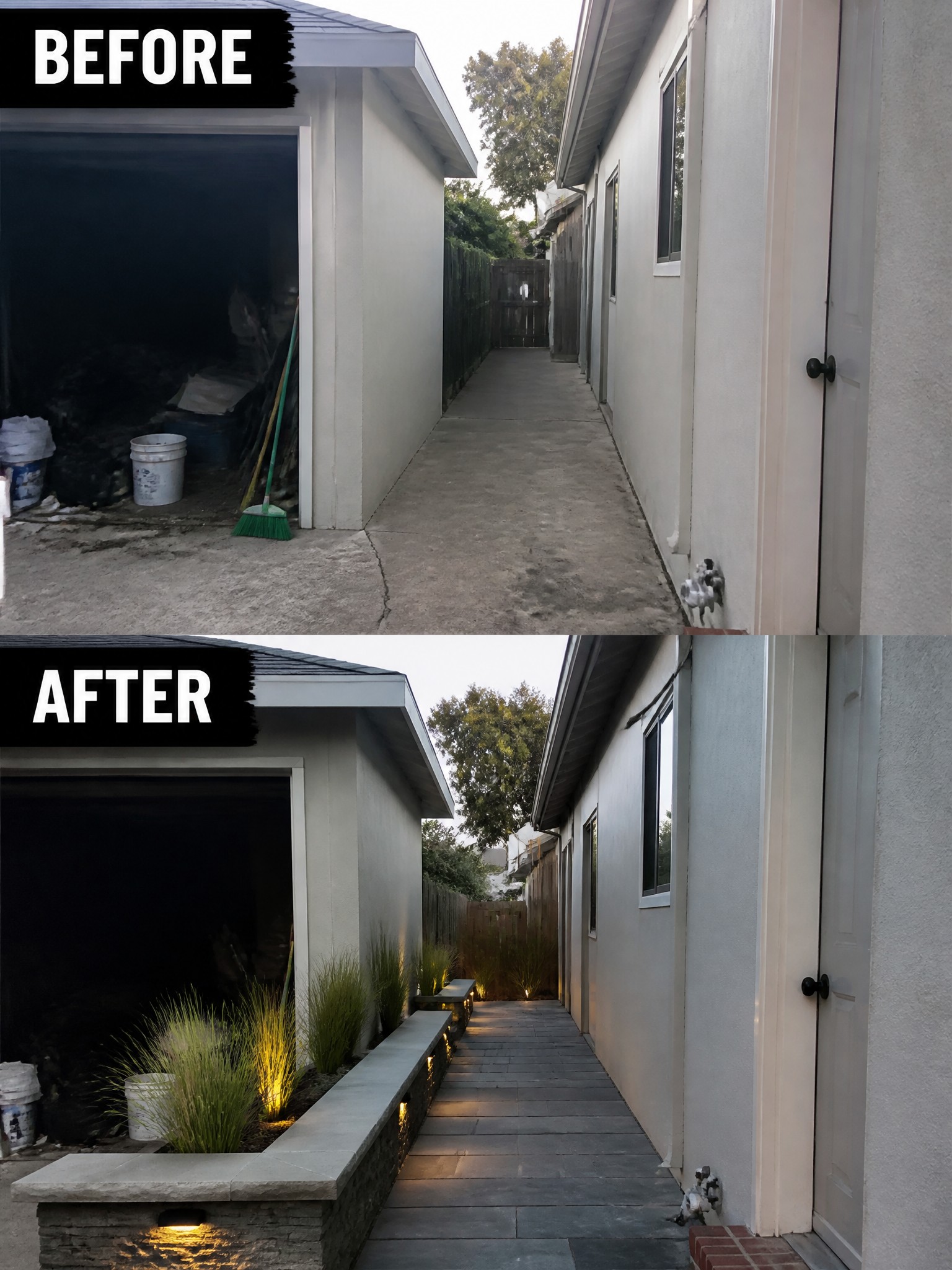 Before-and-after of cluttered side yard transformed into landscaped, lighted stone path with plants.