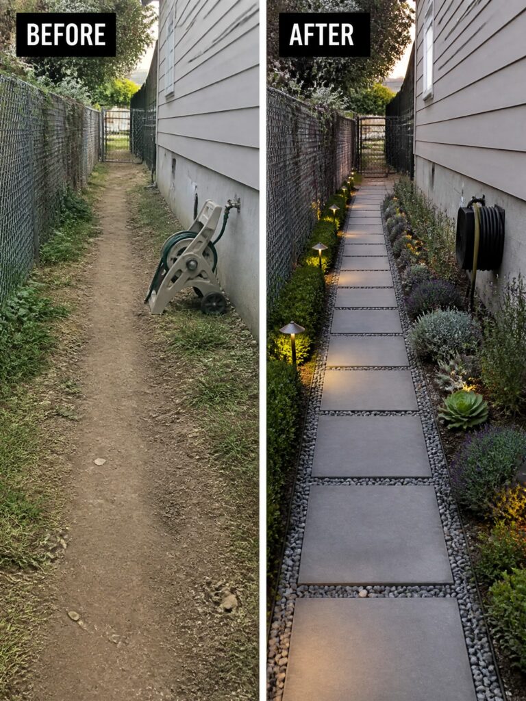20 Elegant Side Yard Makeover Ideas for A More Finished Home Exterior Before and after of overgrown dirt path transformed into landscaped stone walkway with lights.