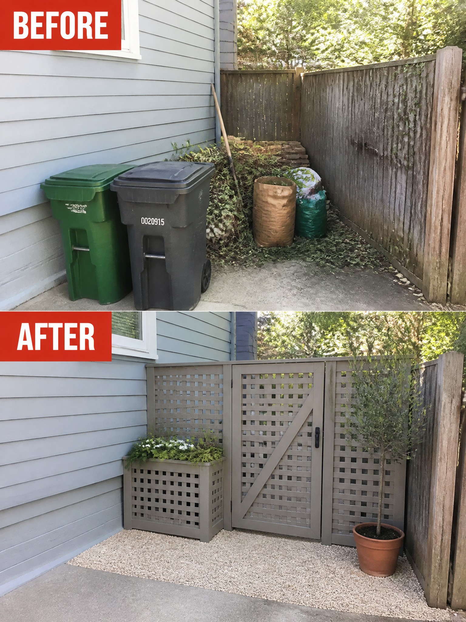 Before-and-after image of a side yard with exposed trash bins transformed by a lattice screen, gate, and planters.