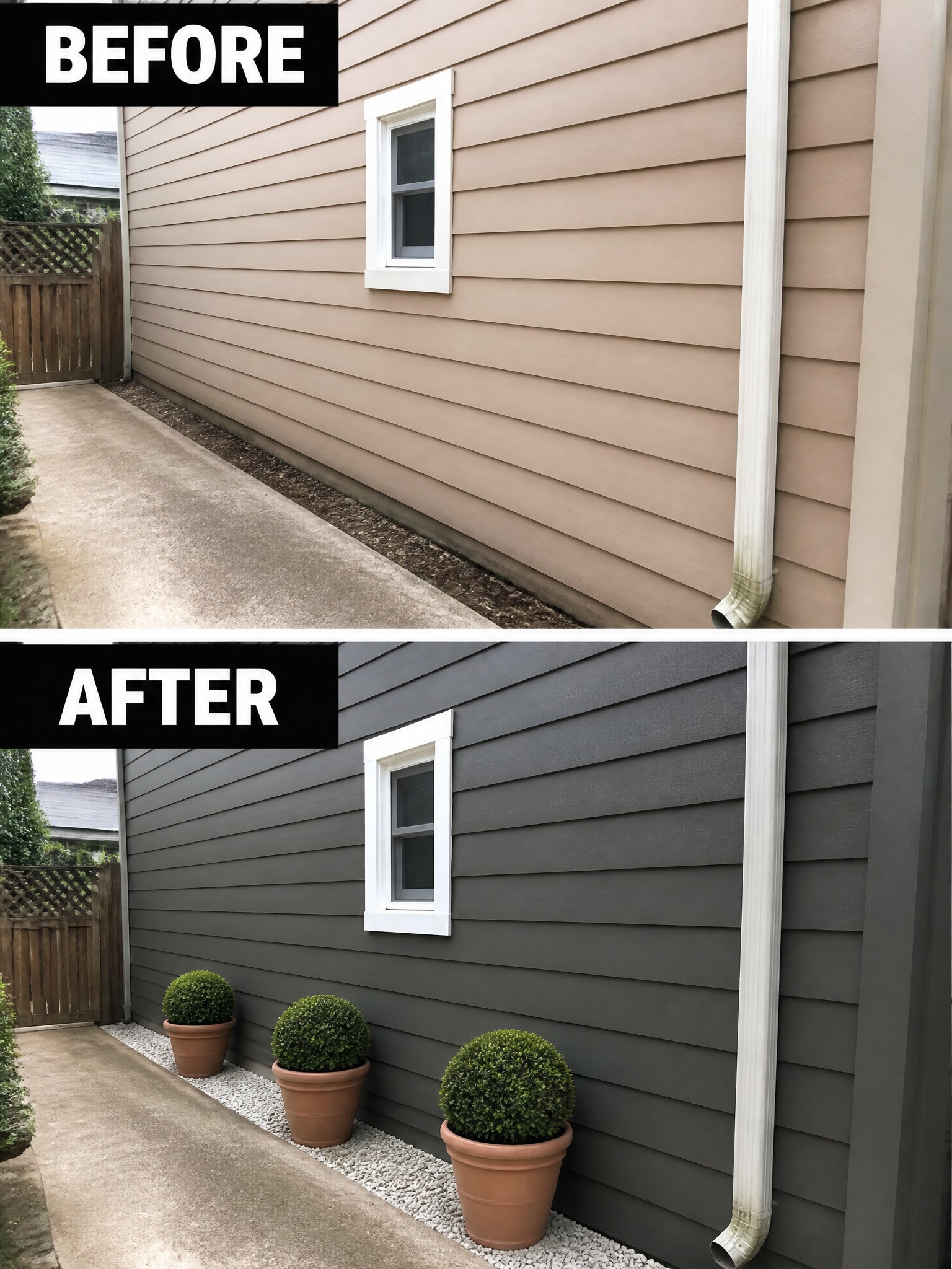 Before and after of house repainted from beige to dark gray siding with potted plants added