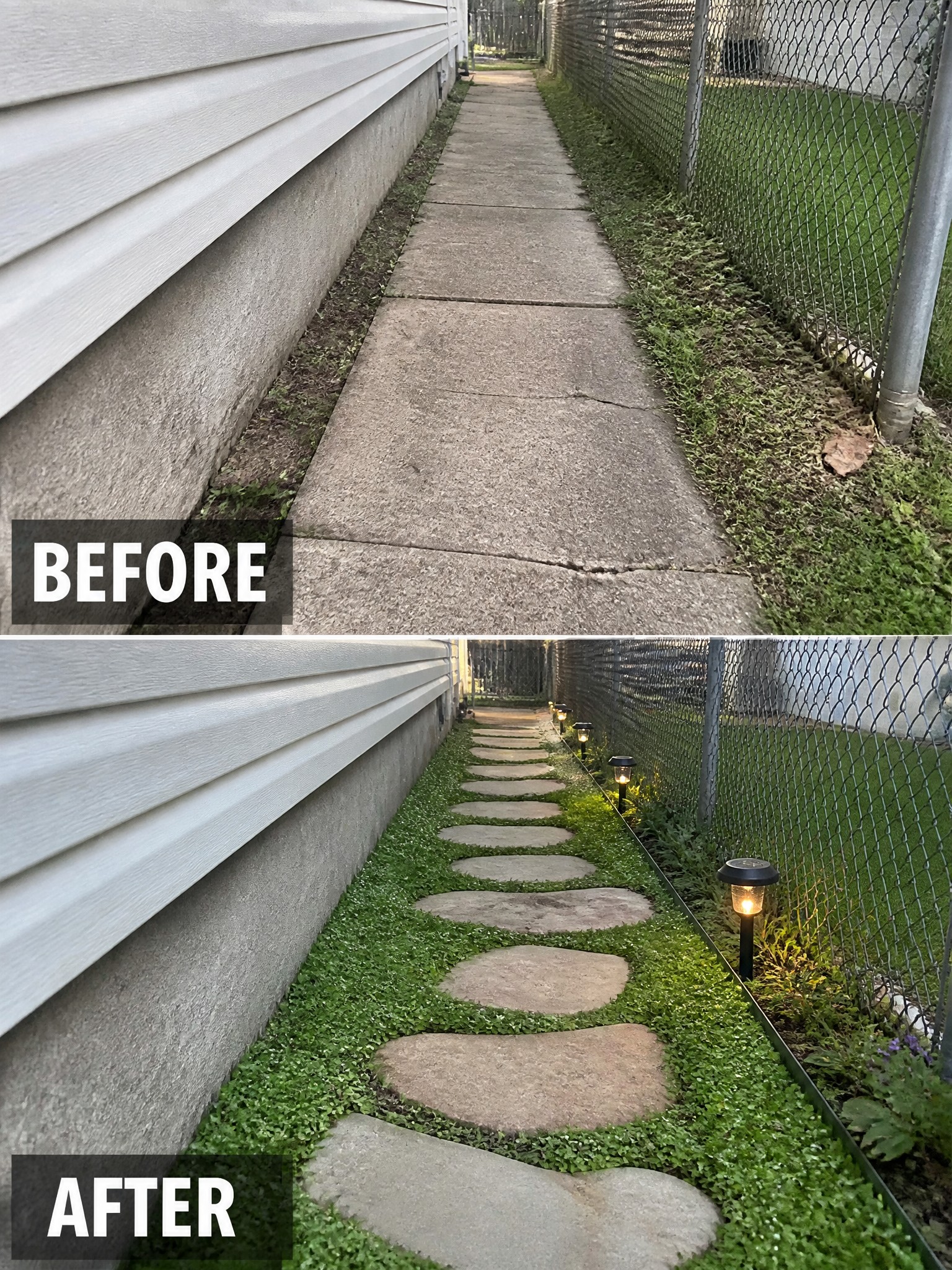 Before-and-after concrete path transformed into stepping stones with solar lights amid greenery.
