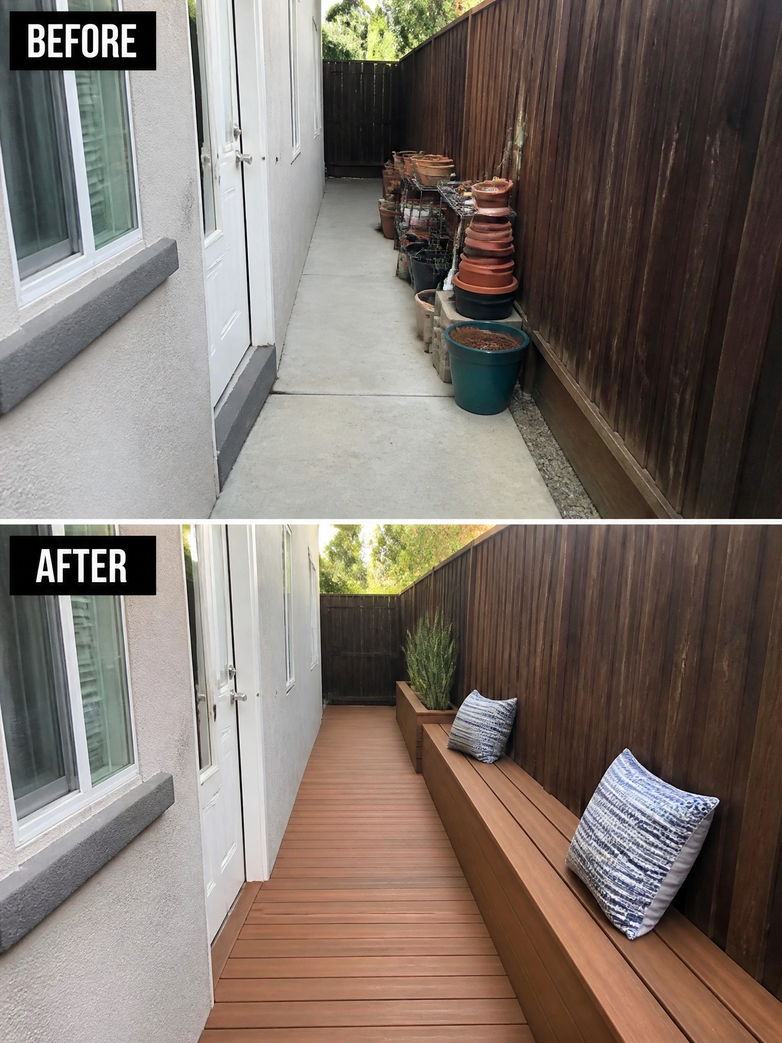 Before-and-after image of a cluttered concrete side yard with stacked pots changed into a decked walkway with a built-in wooden bench and cushions.