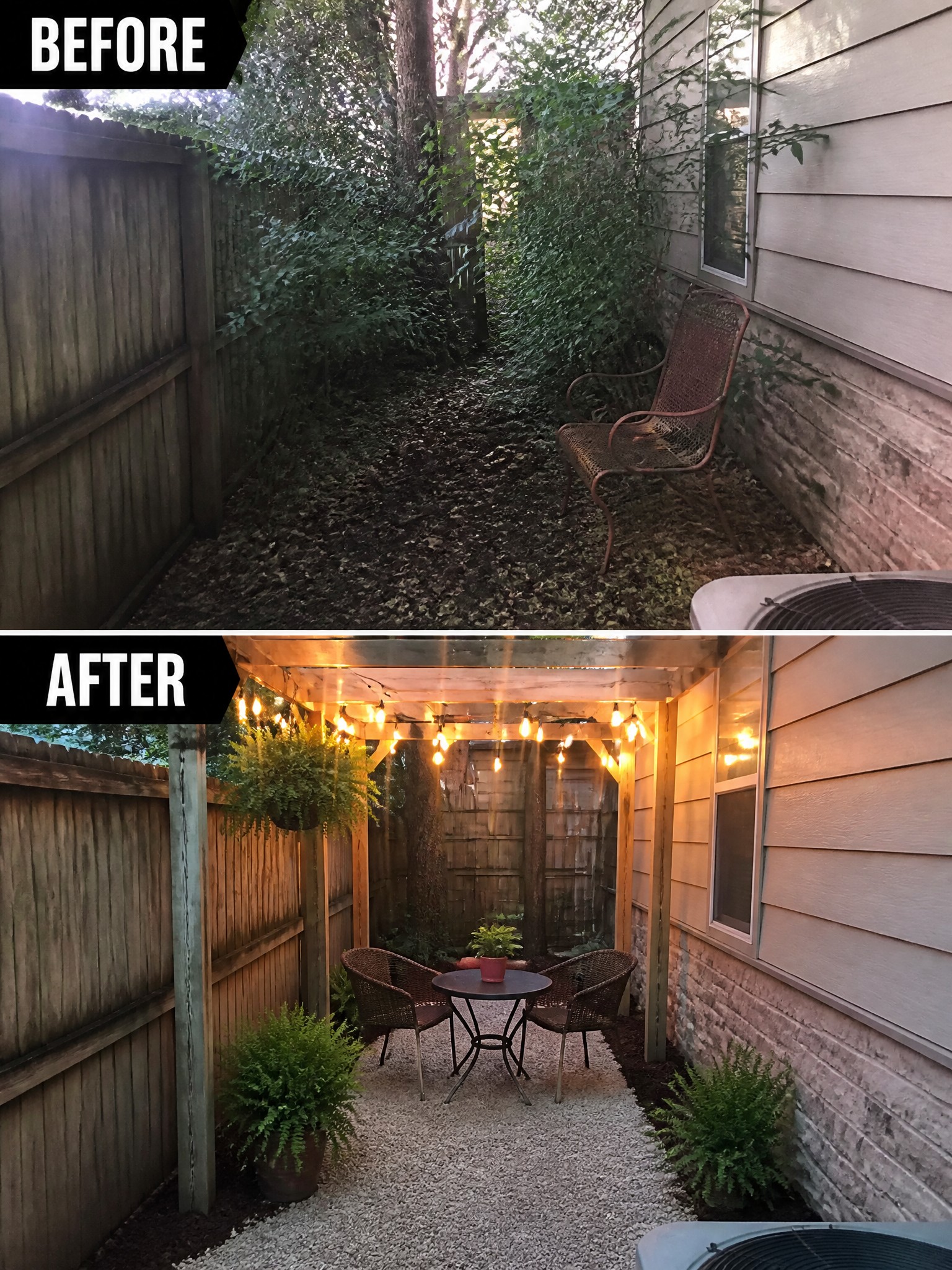 Before and after of overgrown backyard transformed into lit patio with seating and plants.
