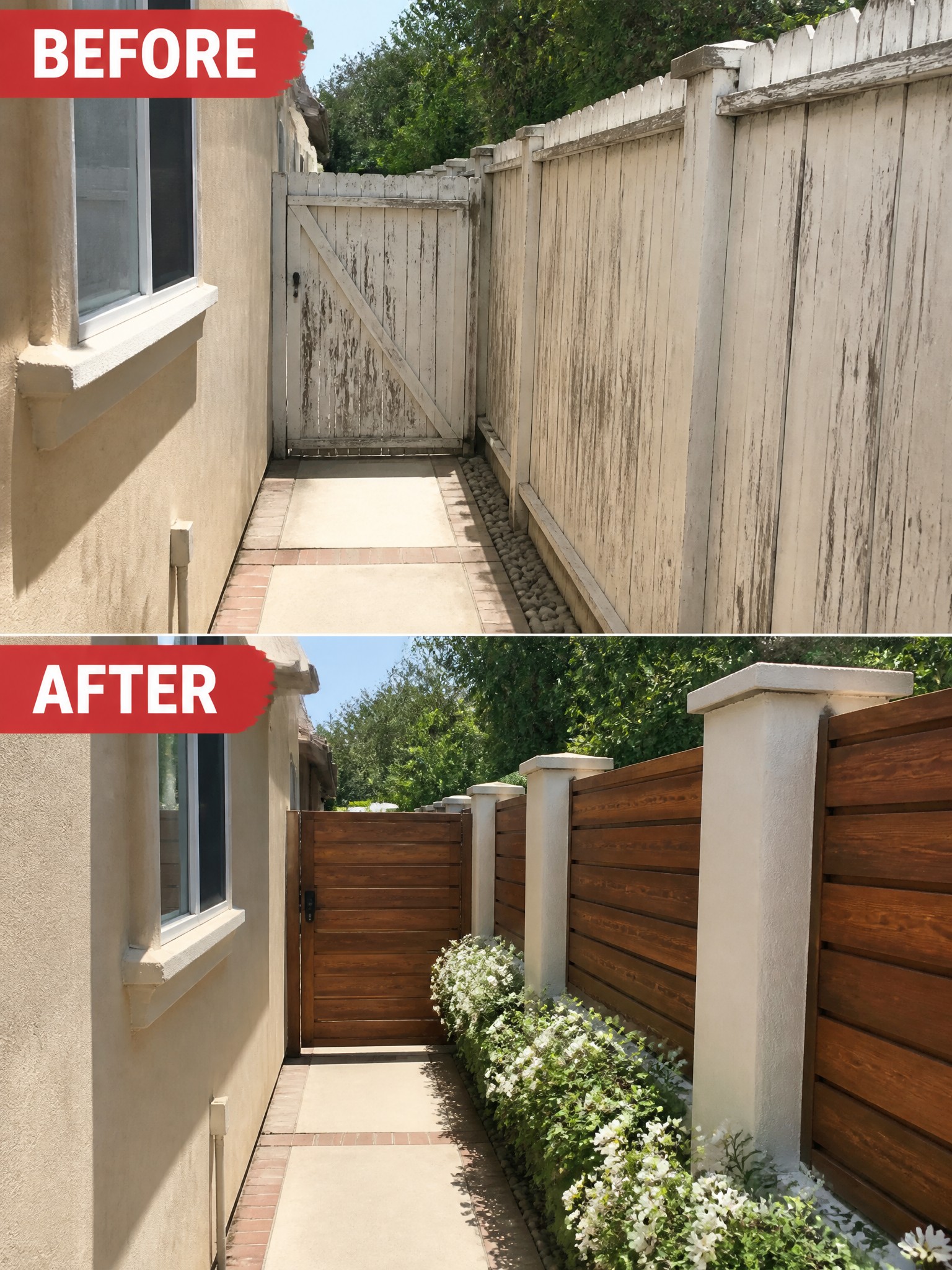 Before and after side yard fence from weathered white wood to modern brown with flowers