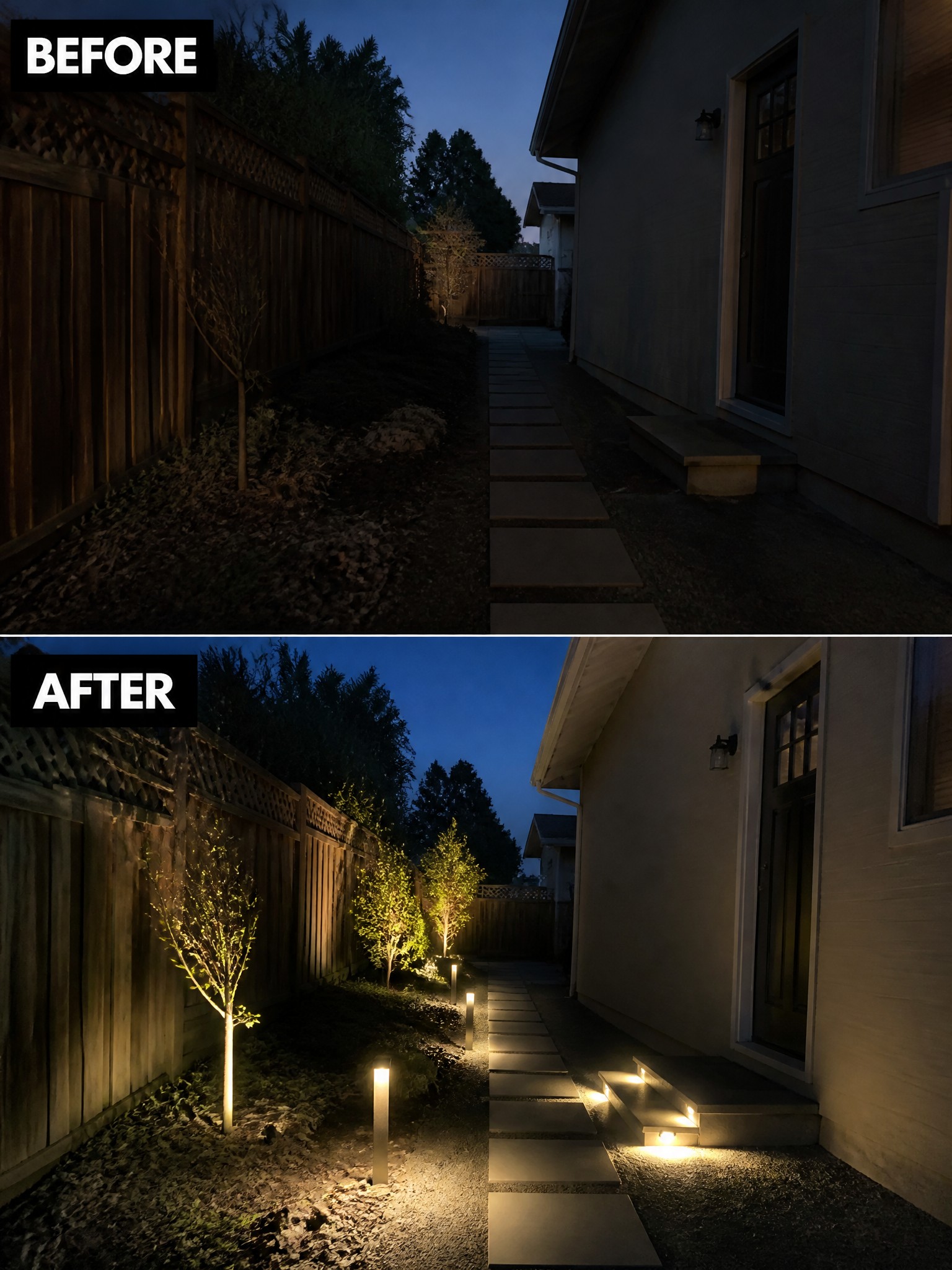 Before-and-after image of a side yard path updated with path lights, uplights on trees, and added planting.
