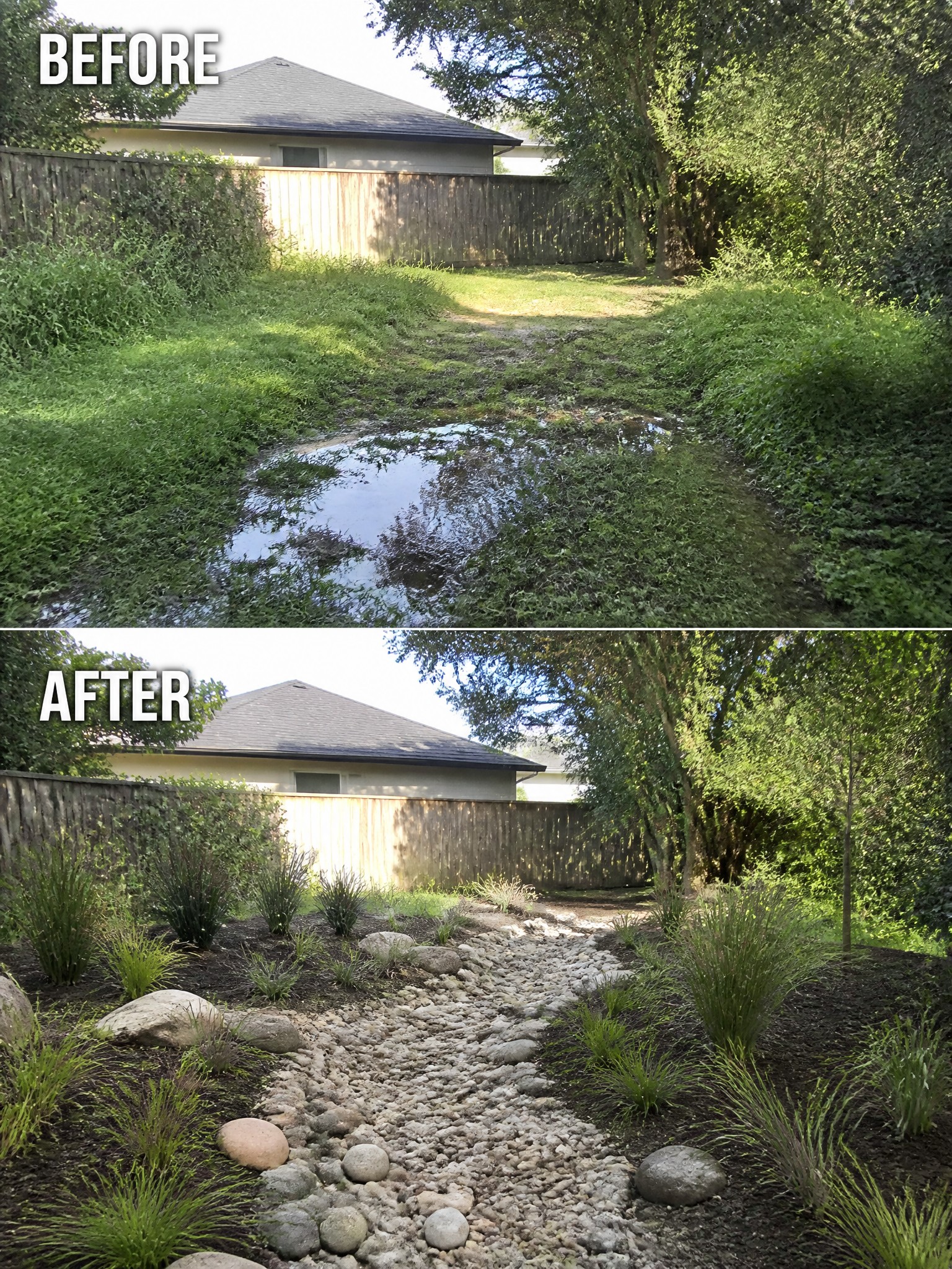 Before-and-after image of an overgrown backyard with a muddy path changed into a landscaped area with a gravel path, rocks, and planted garden beds.