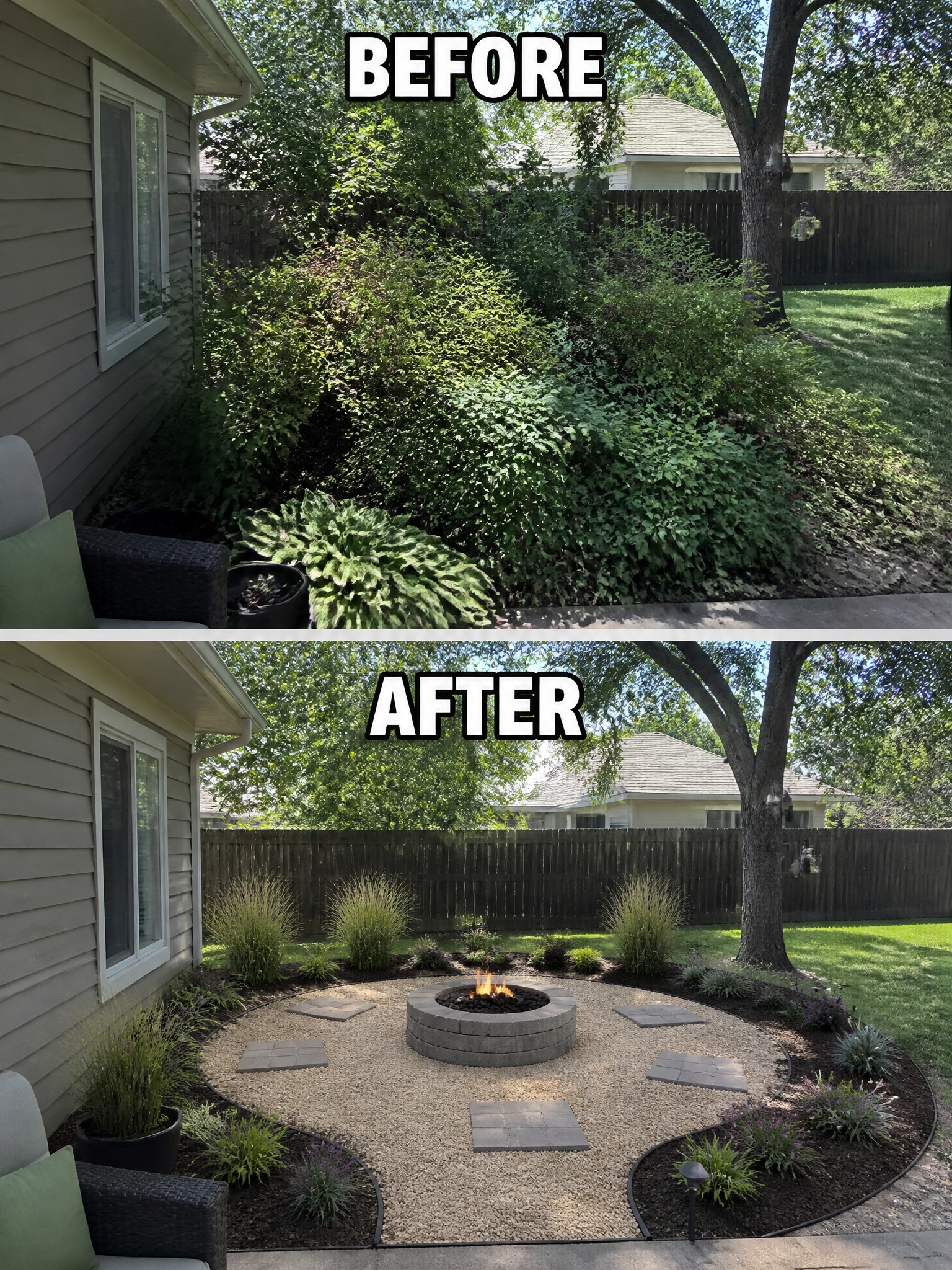 Before and after backyard with overgrown bushes transformed into fire pit patio