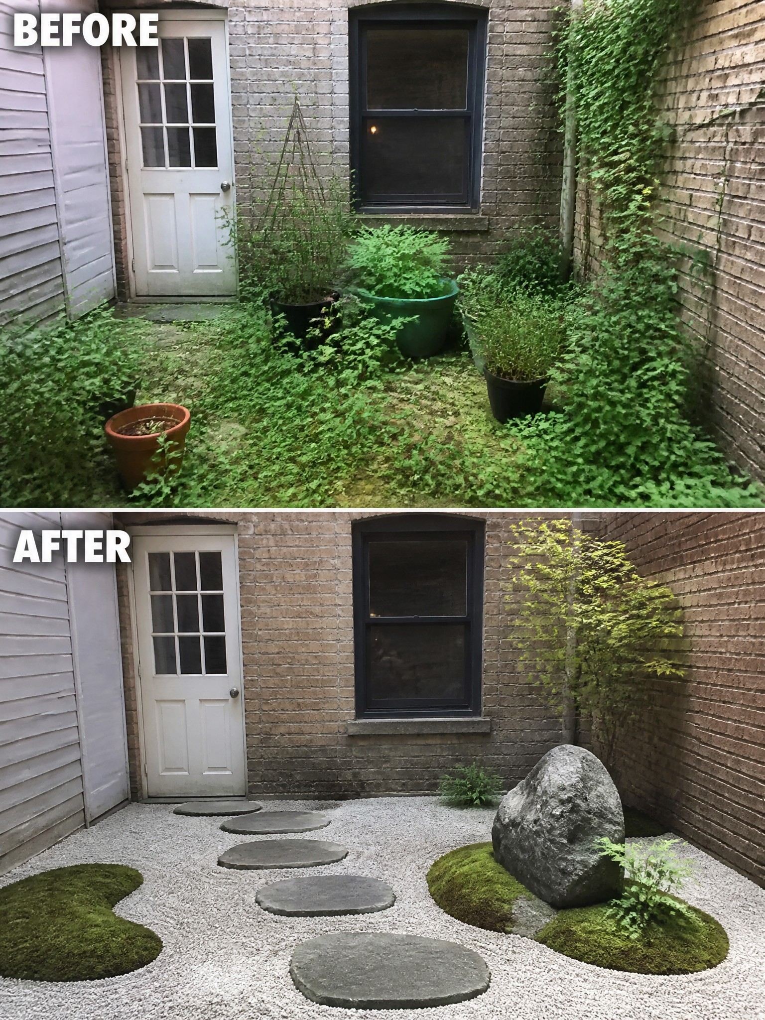 Before-and-after image of an overgrown courtyard transformed into a gravel space with stepping stones, moss patches, and a large rock.