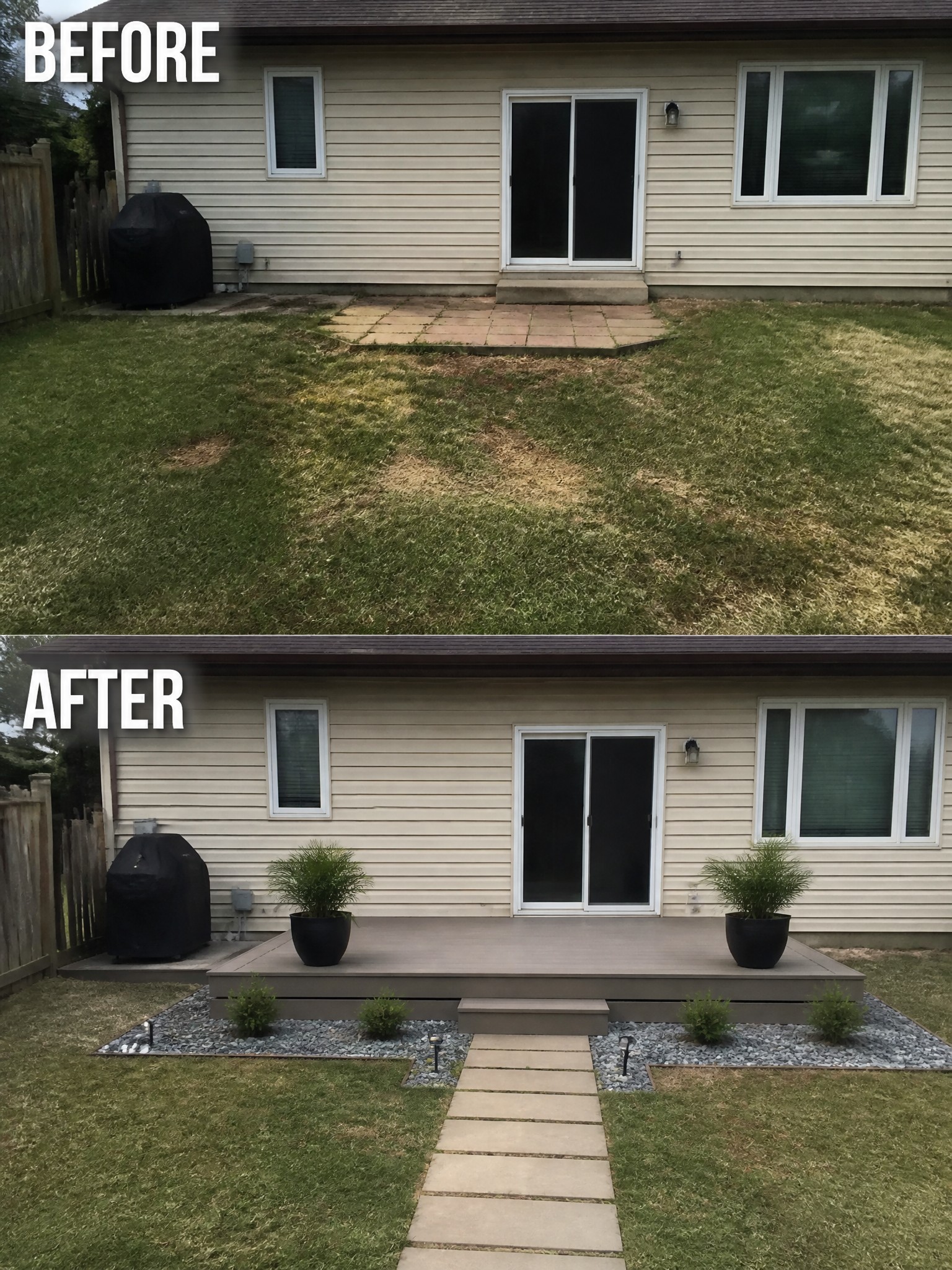 Before-and-after image of an overgrown backyard updated with a new deck, gravel planting beds, and a stone walkway.
