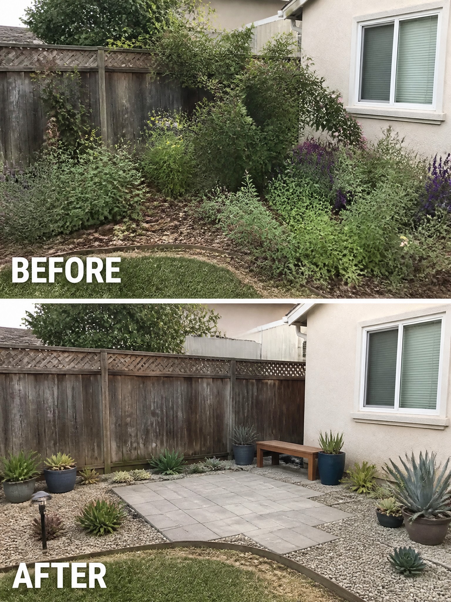 Before-and-after image of an overgrown backyard changed into a structured space with pavers, gravel, and potted plants.
