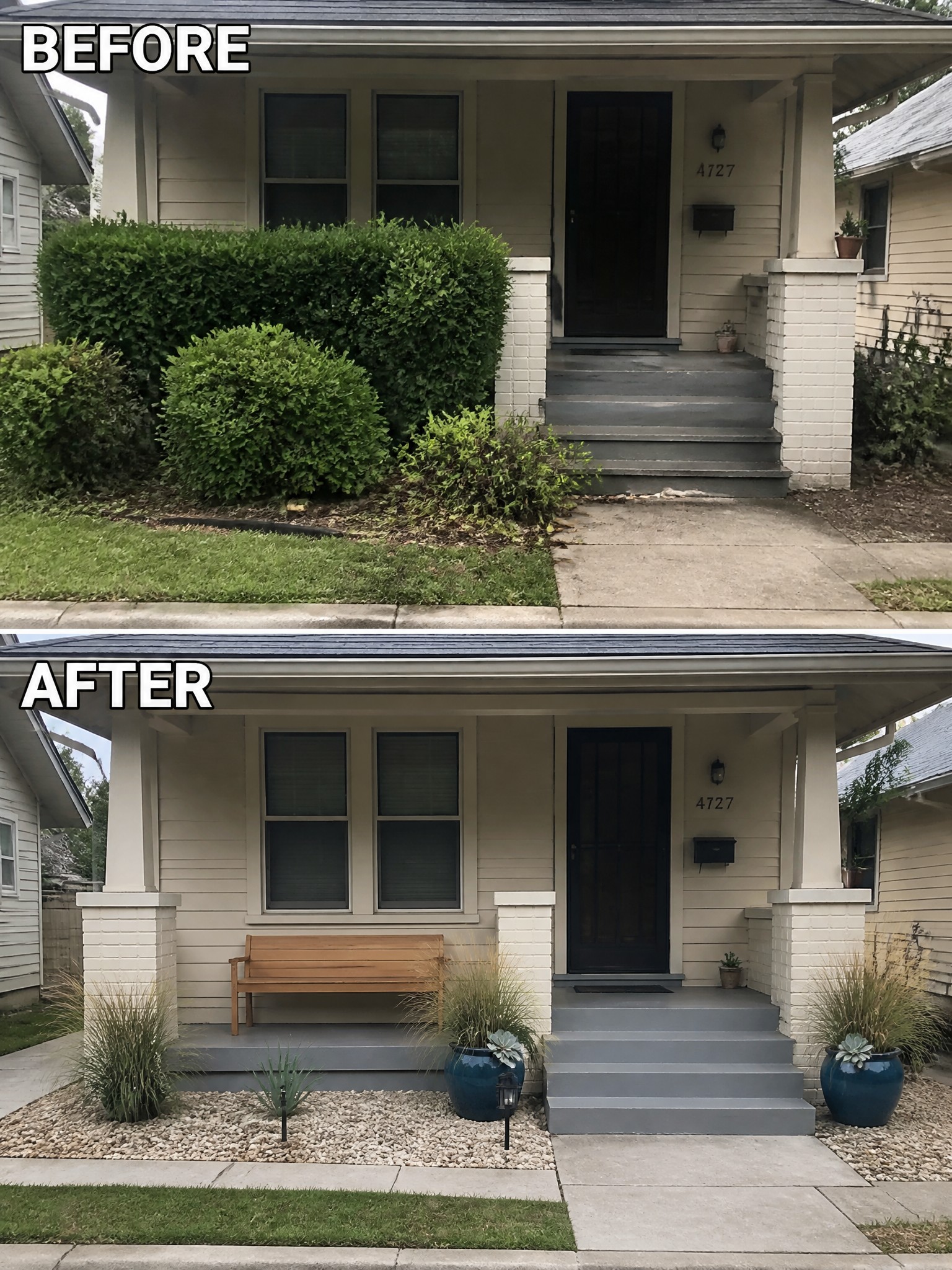Before and after views of house porch with cleaned landscaping, bench, and potted plants