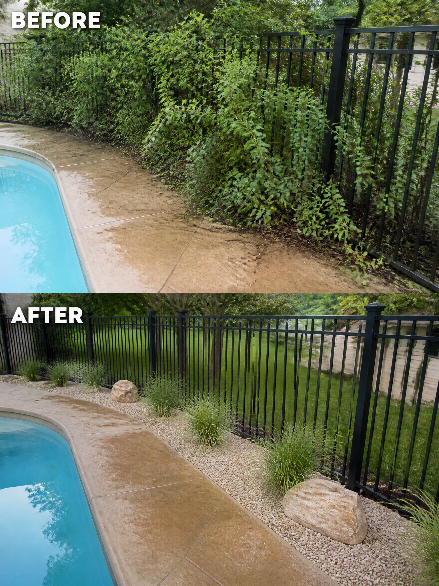 Before and after of pool deck with overgrown bushes cleared for landscaping and gravel.