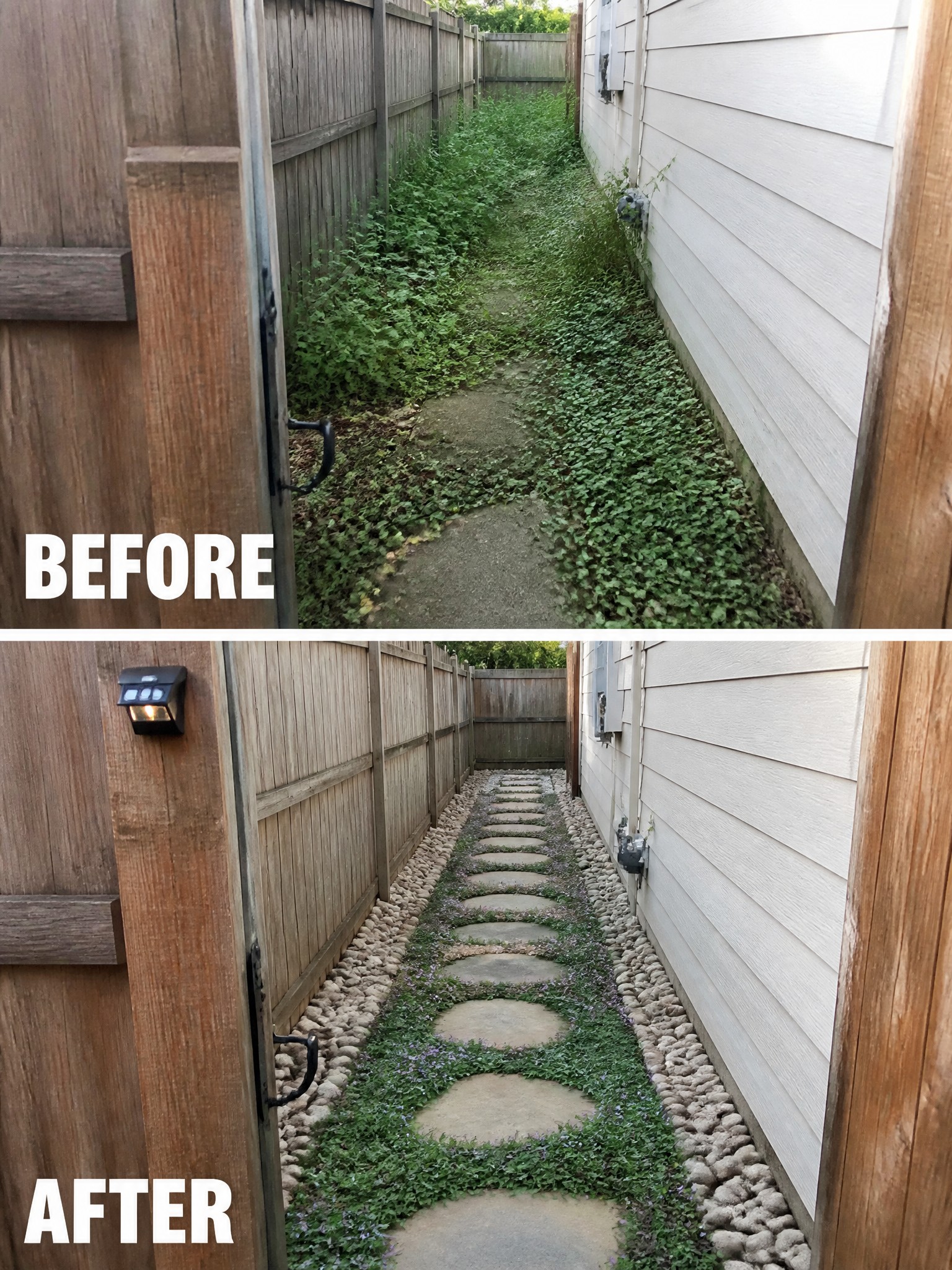 Before-and-after image of an overgrown side yard changed into a clean path lined with stepping stones, gravel, and low ground cover.