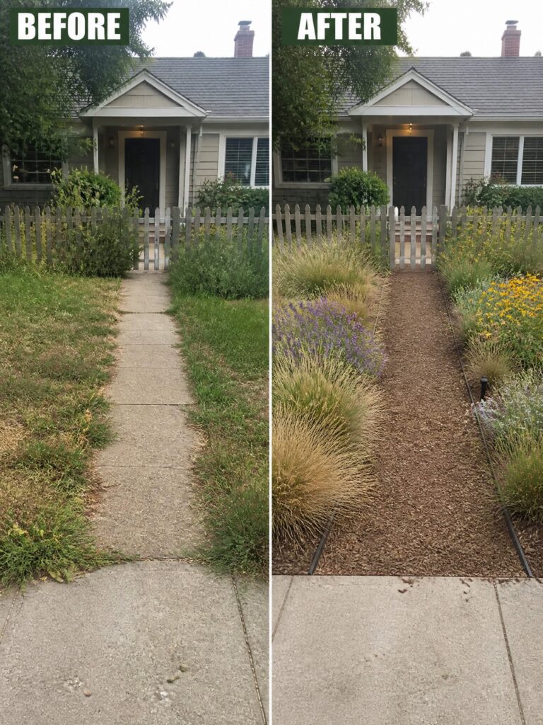Before-and-after image of an overgrown front yard changed into a landscaped space with defined garden beds, gravel path, and structured planting.