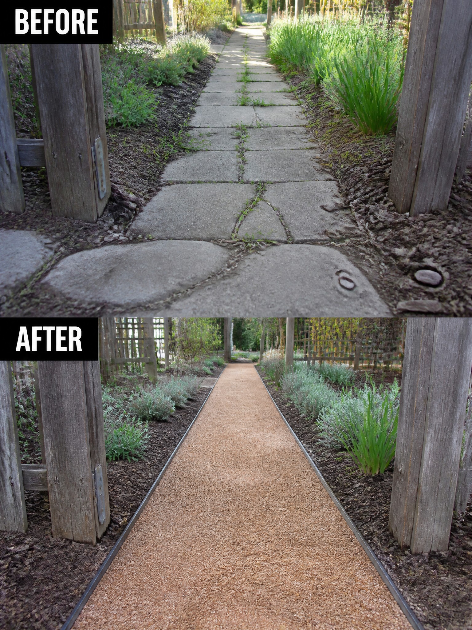 Before-after garden path: cracked concrete slabs replaced by neat bordered gravel.
