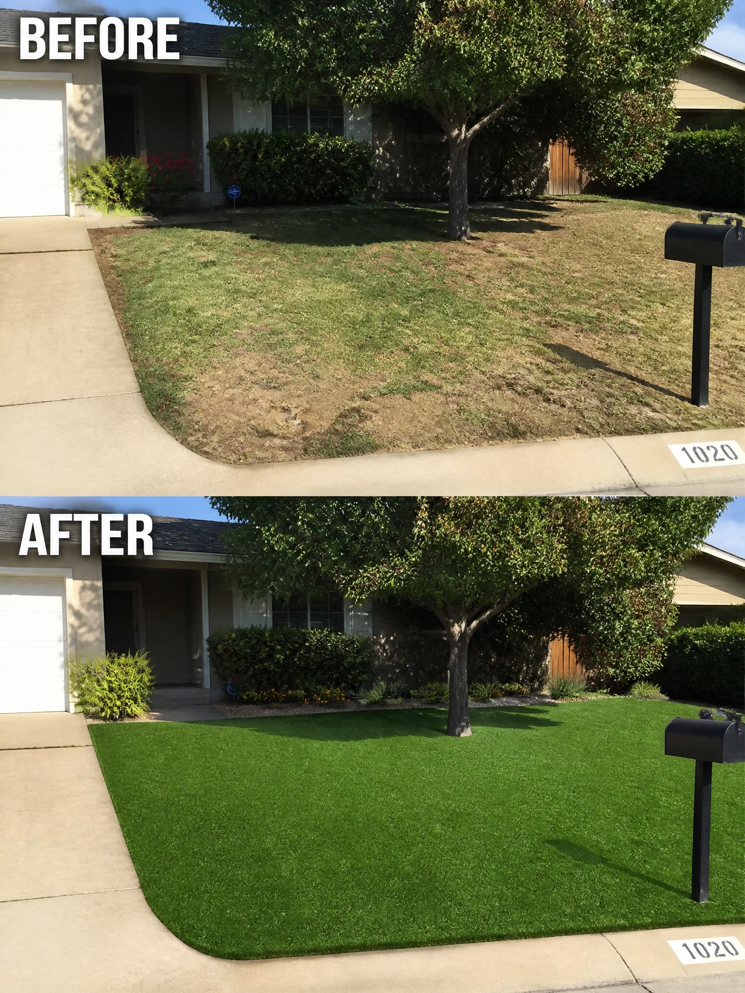 Before and after of patchy dry lawn transformed into lush green artificial turf