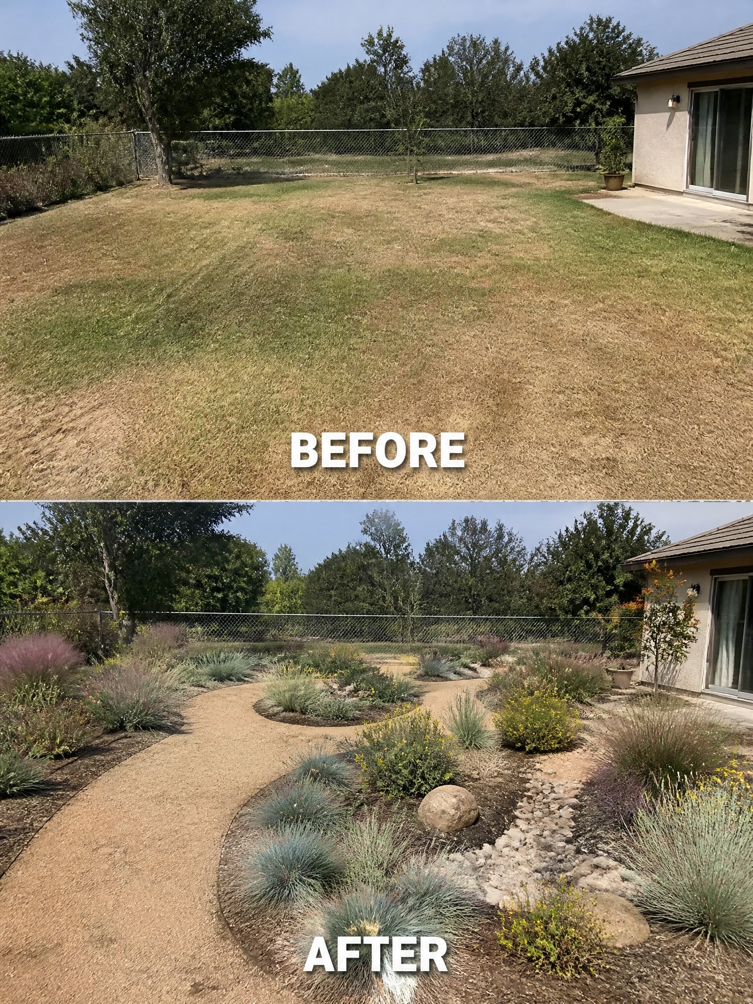 Before-and-after backyard: dry lawn transformed into landscaped garden with winding path and plants.