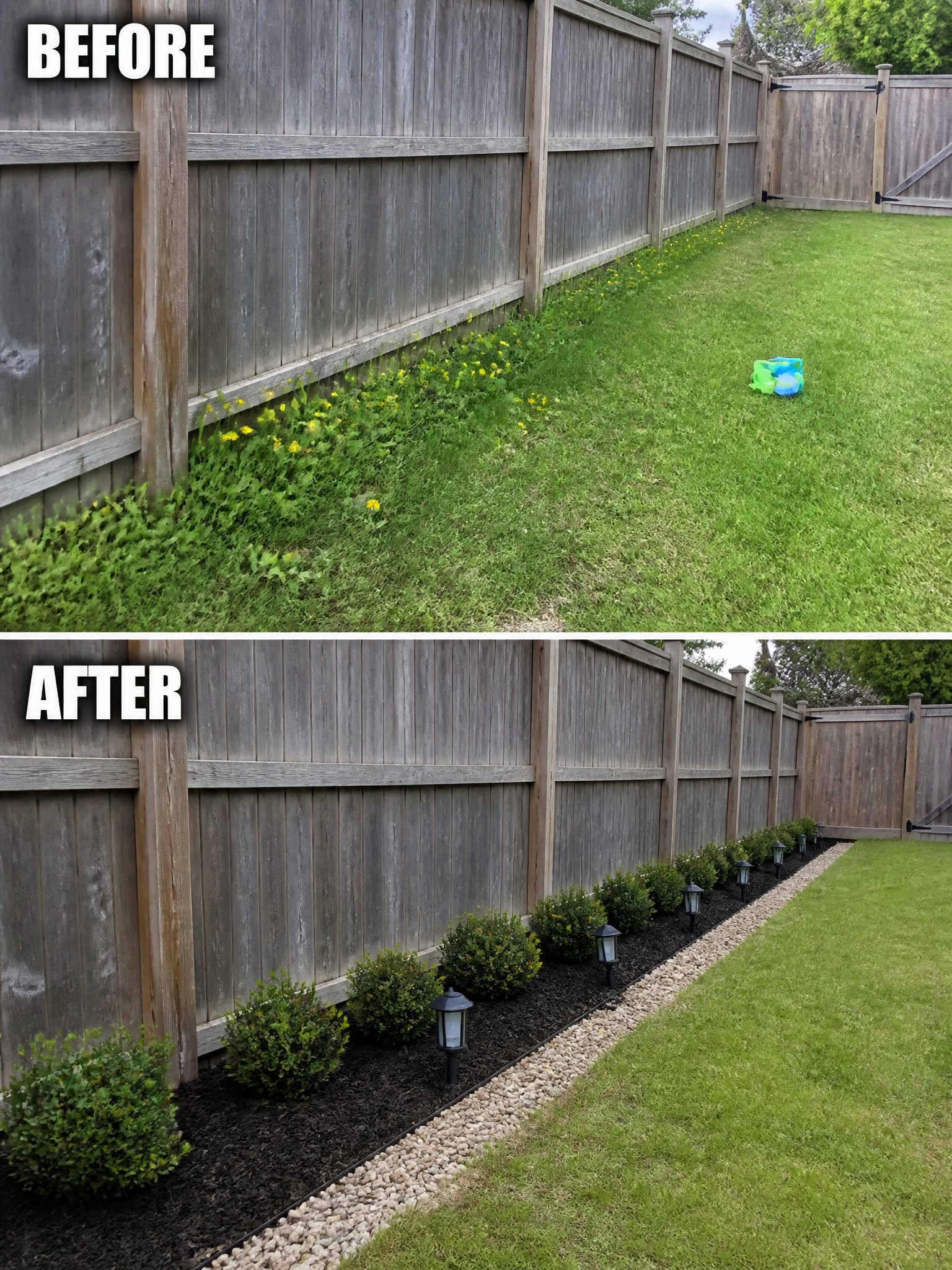 Before-and-after image of an overgrown fence line changed into a neat mulched garden bed with shrubs, gravel edging, and solar lights.