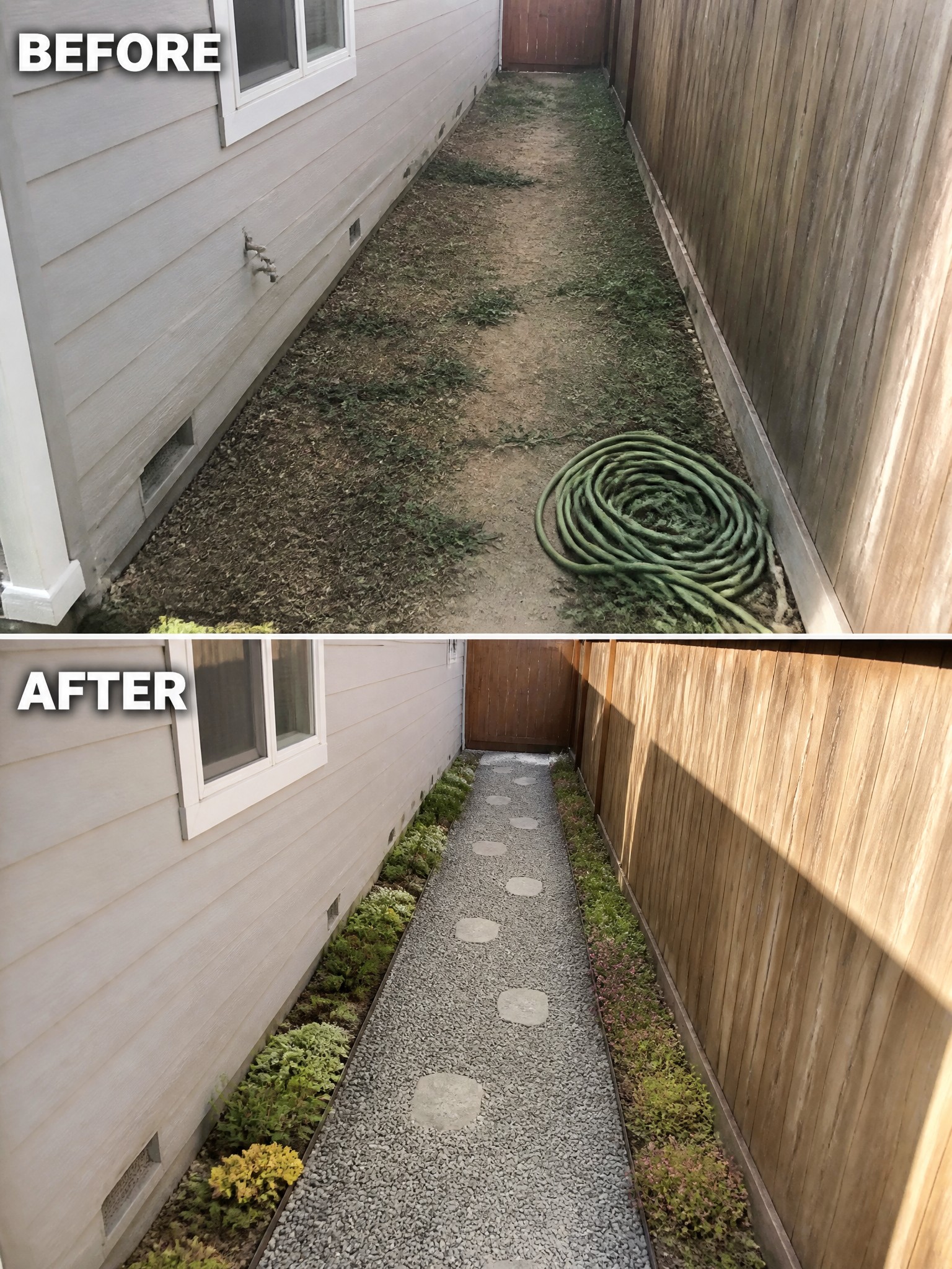 Before and after of narrow side yard: weedy dirt path transformed into gravel walkway with plants.
