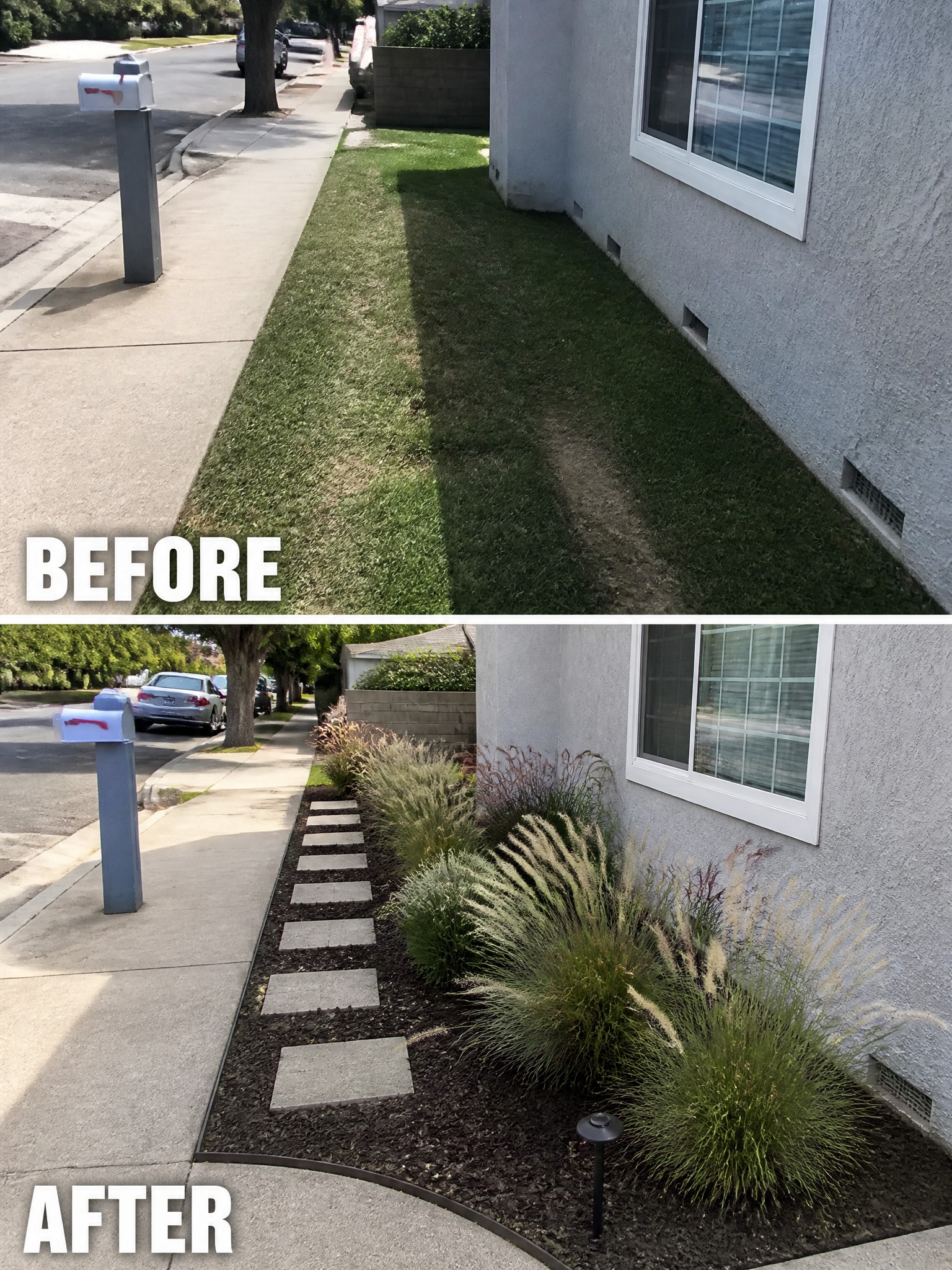 Before-and-after yard makeover: grass path replaced by mulched garden with grasses, pavers and light.
