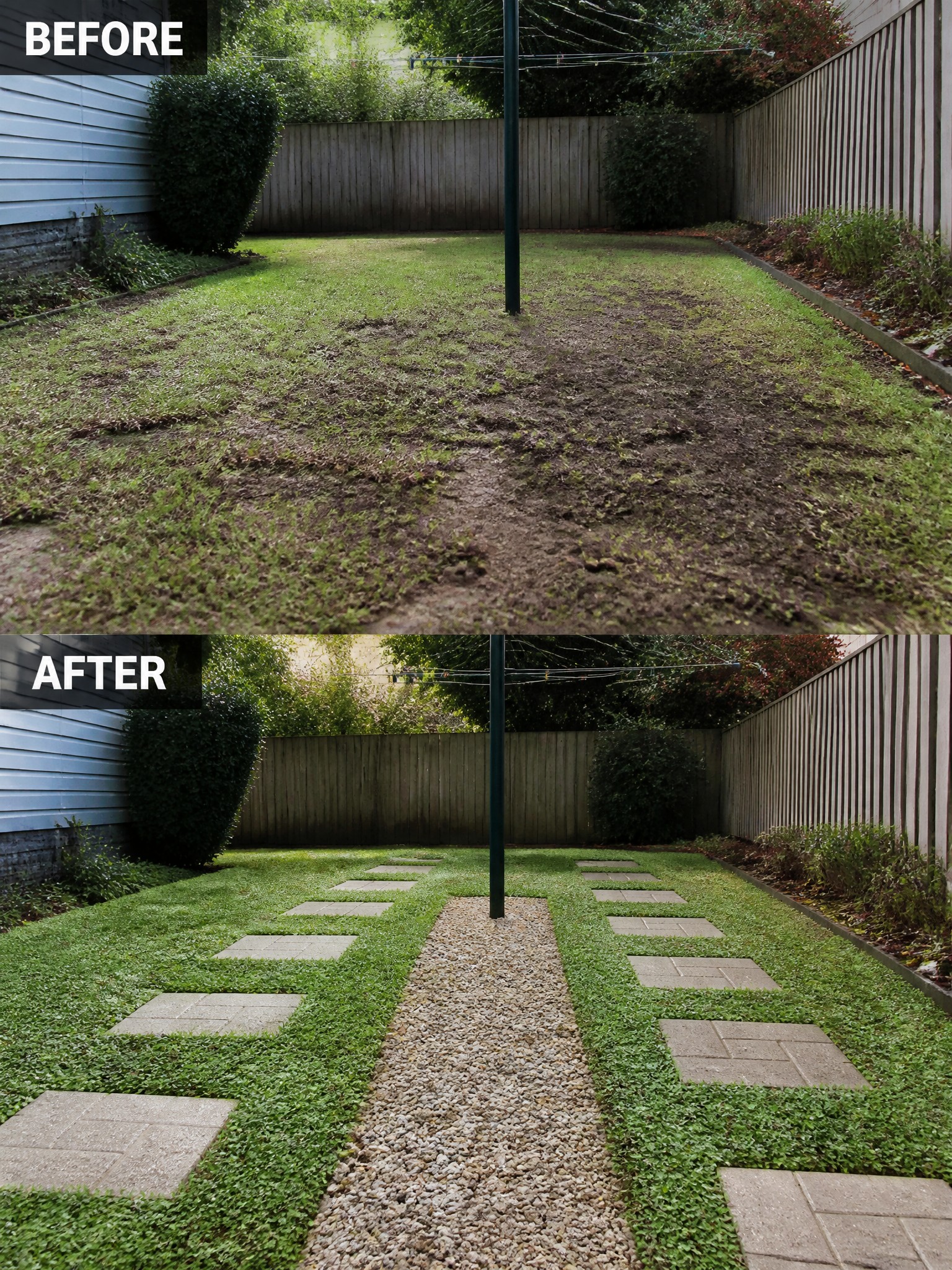 Before-and-after backyard showing patchy lawn transformed with pavers, gravel path, and lush grass.