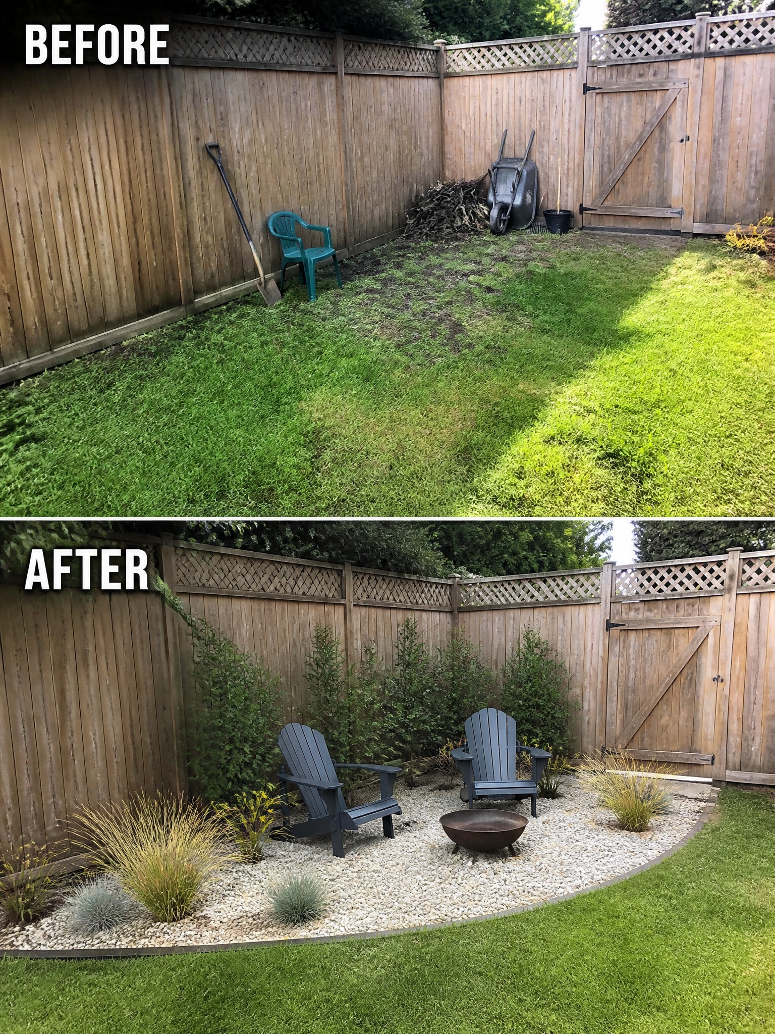 Before-and-after backyard makeover from overgrown lawn to gravel patio with chairs and plants.