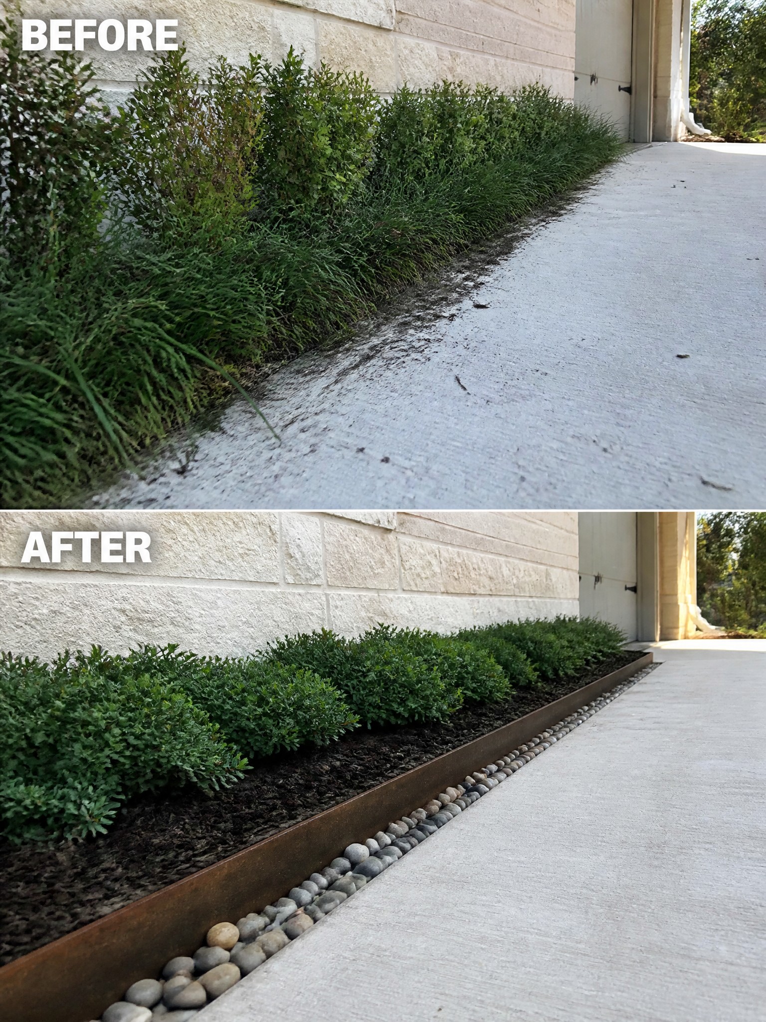 Before and after of tidy garden bed with metal edging and pebble border.