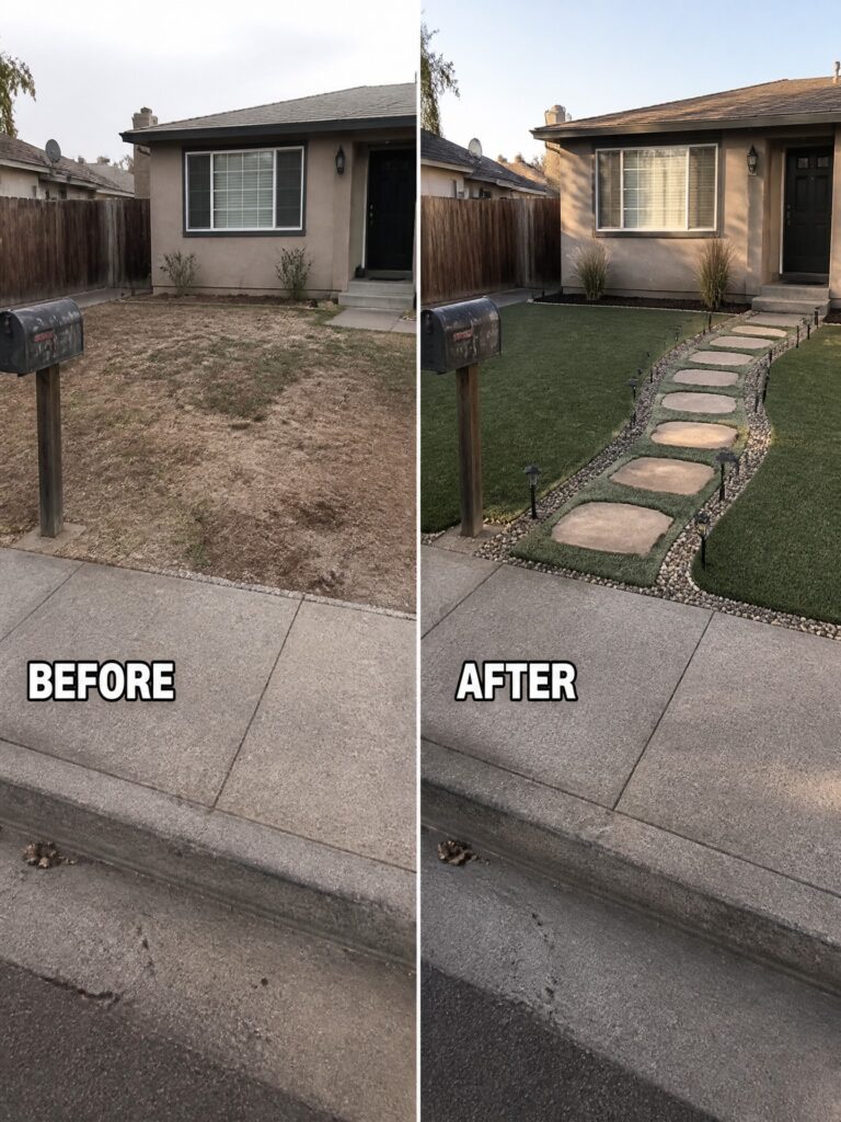 20 Practical Lawn Remodel Ideas for Low Maintenance Landscaping Before-and-after front yard: dry brown grass replaced by green turf and stone path.