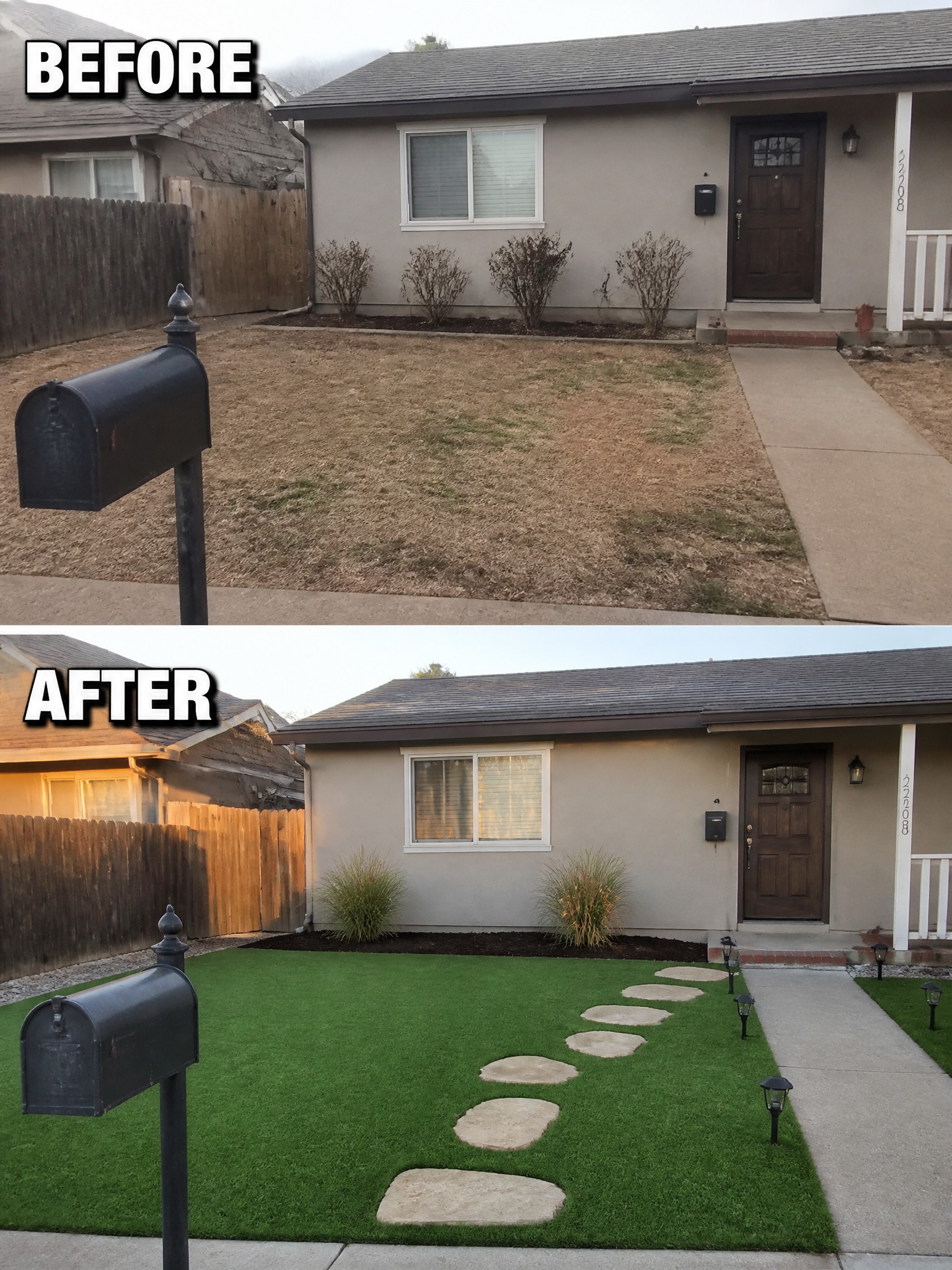 Before-and-after front yard: dry brown grass replaced by green turf and stone path.
