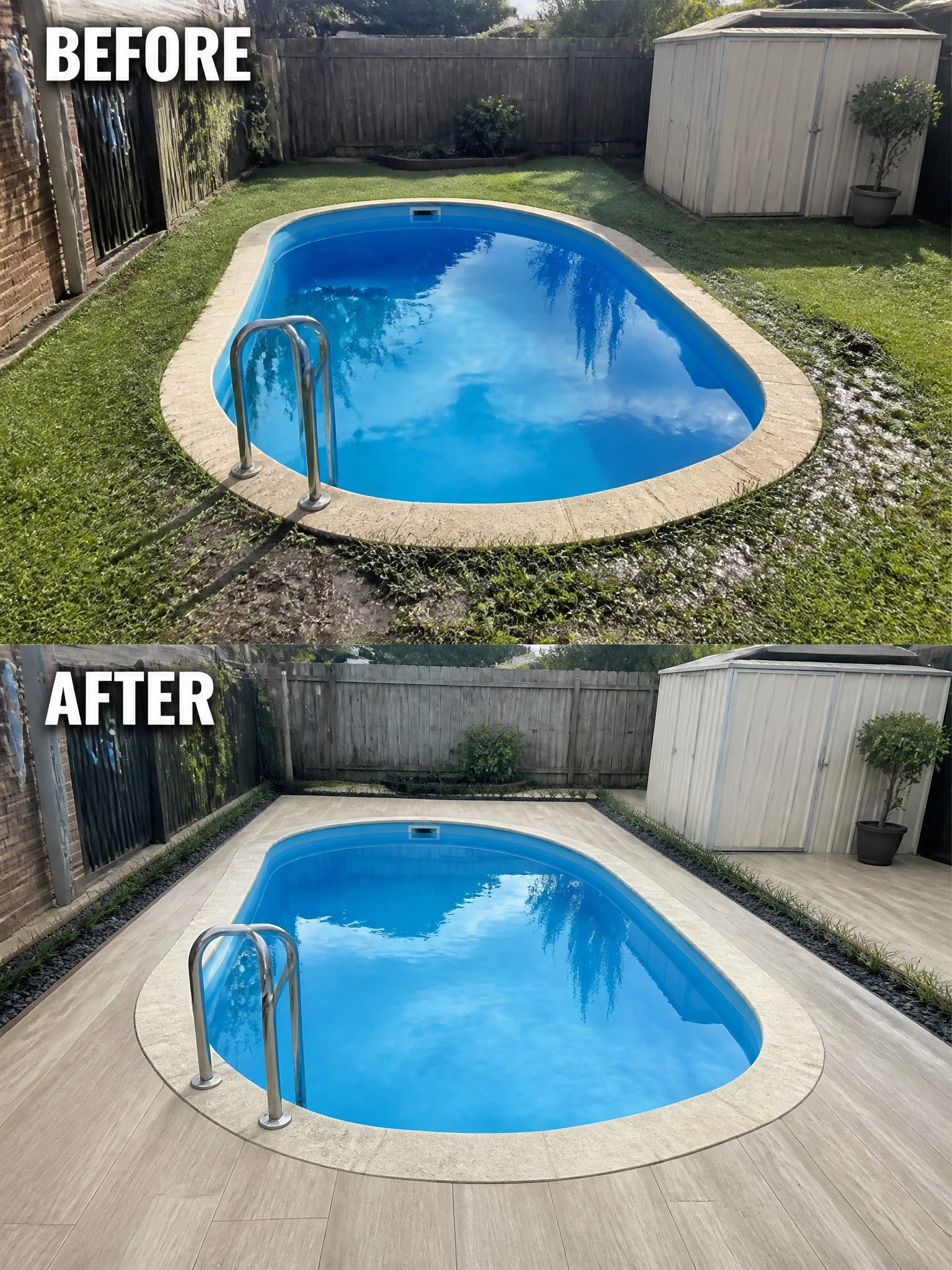 Before-and-after image of a backyard pool where grass and dirt edges were replaced with decking and gravel borders.