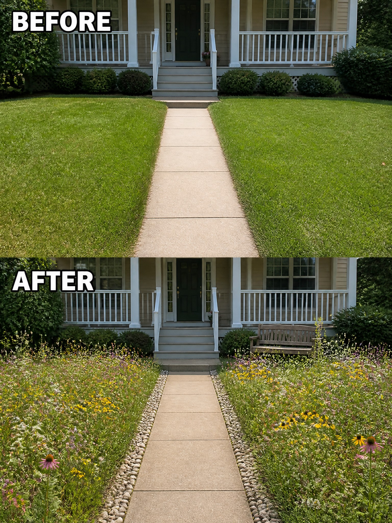 Before and after of house walkway with lawn replaced by wildflower garden